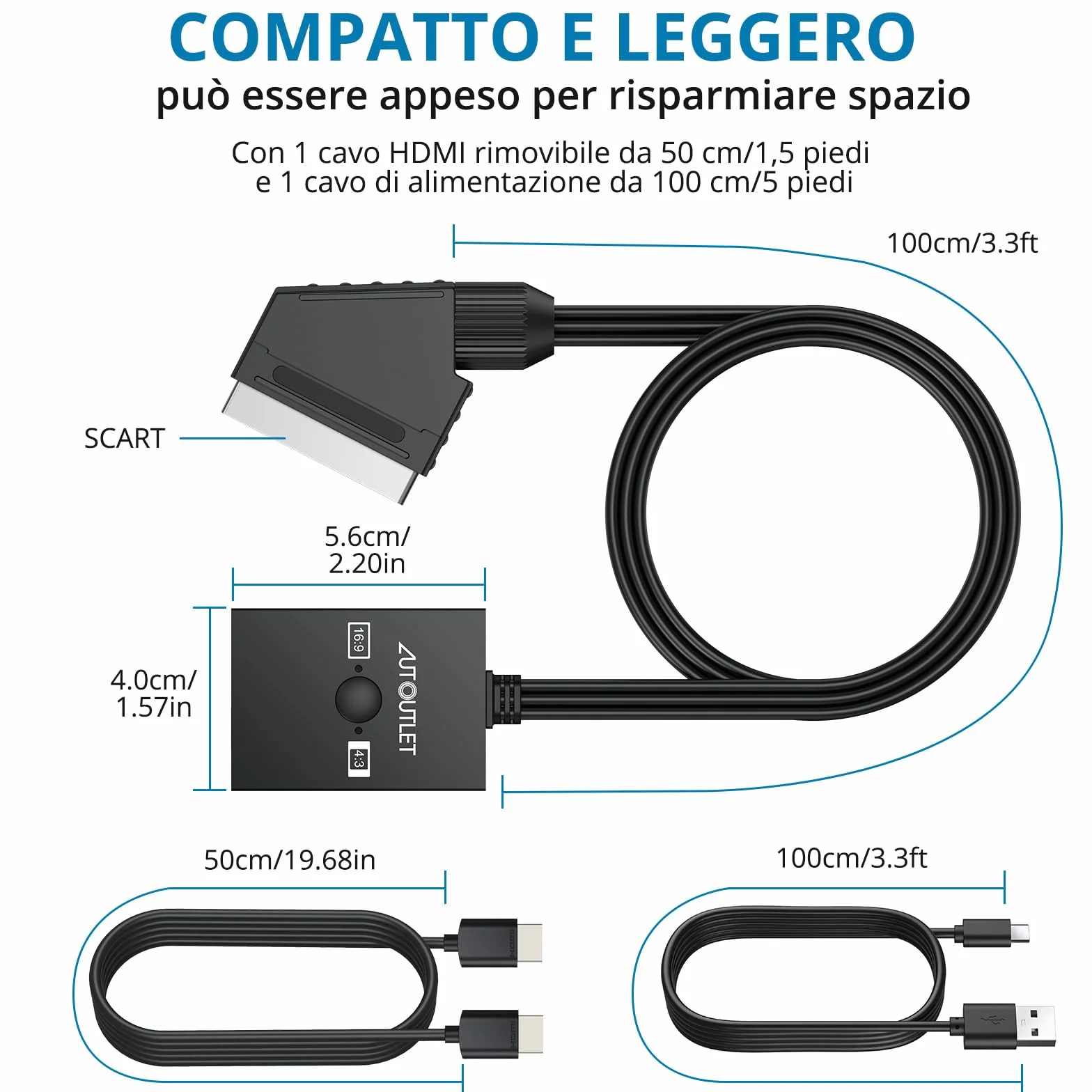 AUTOUTLET Adattatore SCART a HDMI 1080P PAL NTSC Convertitore Video Audio 50cm
