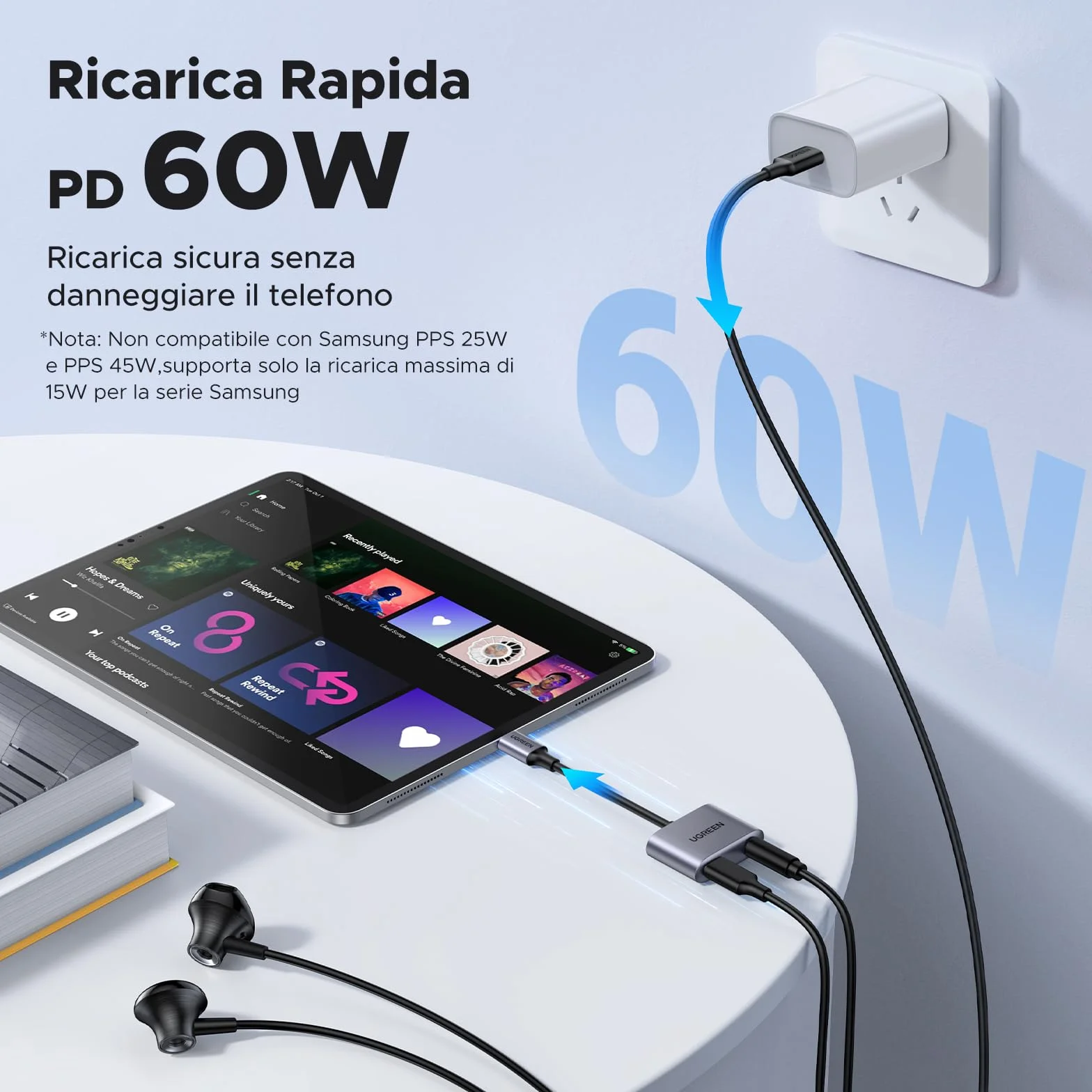 UGREEN Adattatore USB C a Jack 3,5 mm Ricarica Rapida PD 30W Chip DAC per Cuffie Tipo C