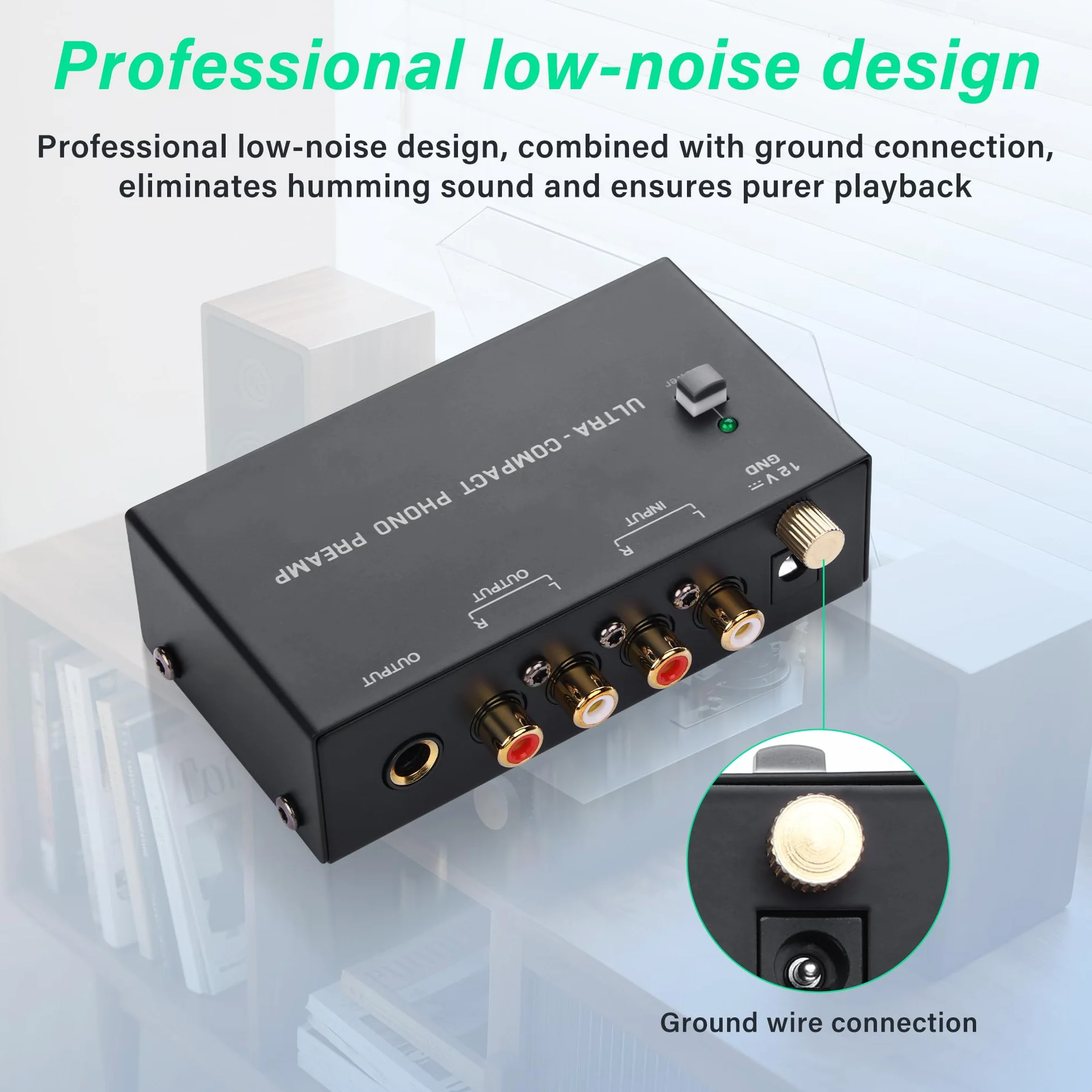 SinLoon PP400P Phono Preamp z podwójnym wyjściem RCA i ¼ cala, przełącznik zasilania, niski poziom szumów, czarny
