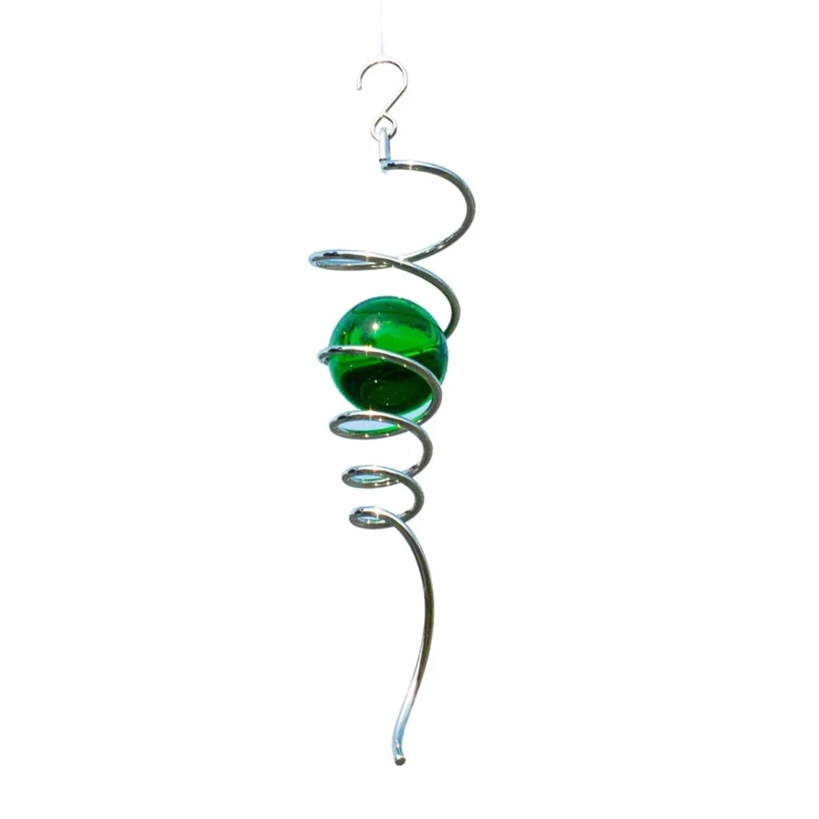 Girandola decorativa Acciaio inox, Gioco a vento - ORBIT SPIRAL TAIL GREEN - 7 x 28 cm, sfera di vetro colorato Ø 5 cm - con cuscinetto girevole, gancio, 1m corda di nylon e sfera di vetro