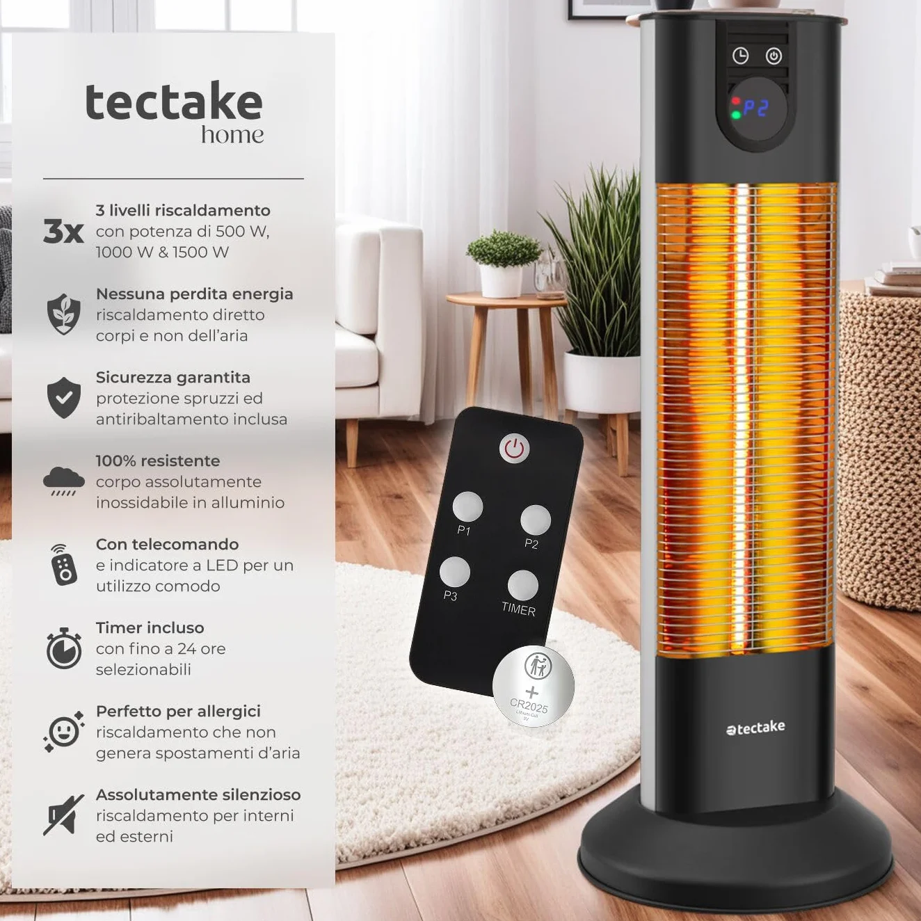 tectake® Radiatore a Infrarossi 1500W, LED, Timer, 3 Livelli di Potenza, Telecomando, Alluminio Inossidabile, Protezione Antiribaltamento, Riscaldamento Diretto, per camping, interno ed esterno - Nero