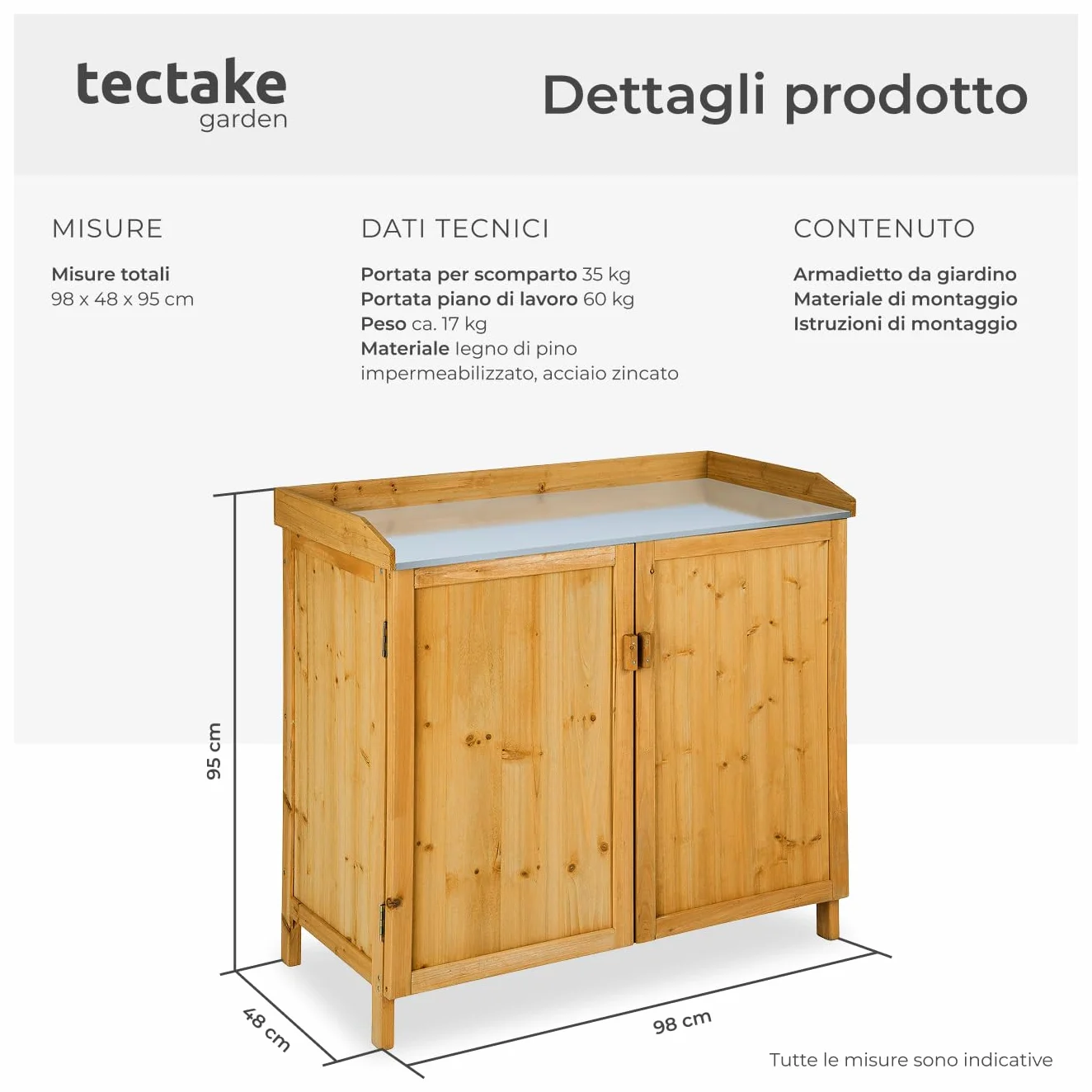 Tectake Armadietto da Giardino con Piano Lavoro Zincato 98x48x95 cm Spazio Utensili Accessori Barbecue Tavolino Giardinaggio Mobile Giardino
