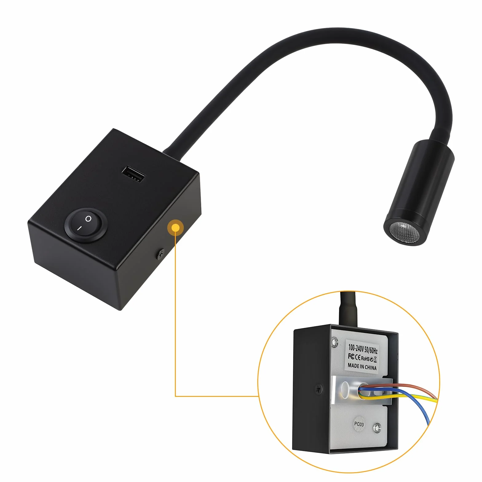 Lampada da Lettura a LED da Parete 3W con Collo d'oca Flessibile 360° USB 3000K Nero