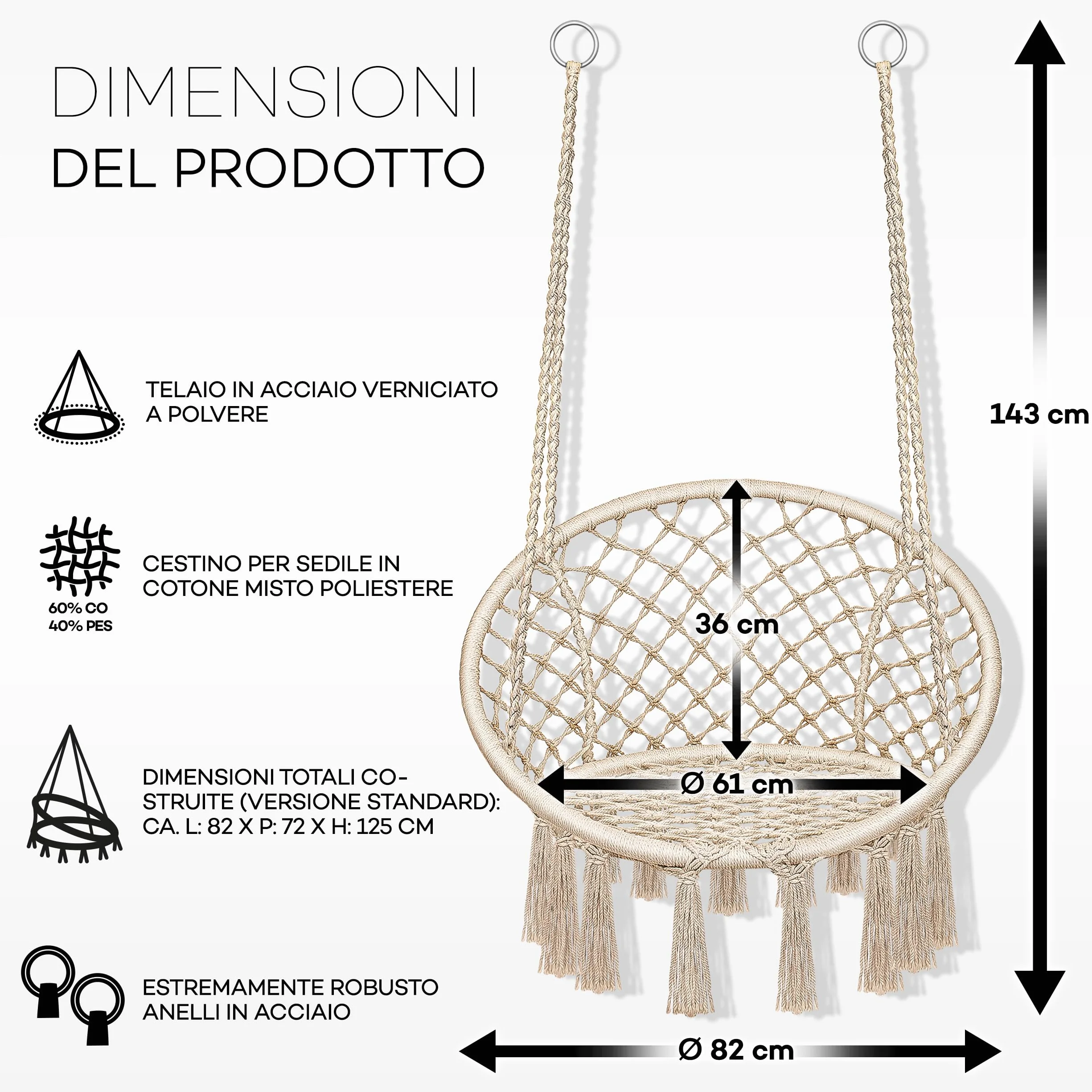 tillvex Poltrona Sospesa 200kg Amaca Sospesa Interno Esterno Sedia Appesa Resistente Intemperie Cuscino