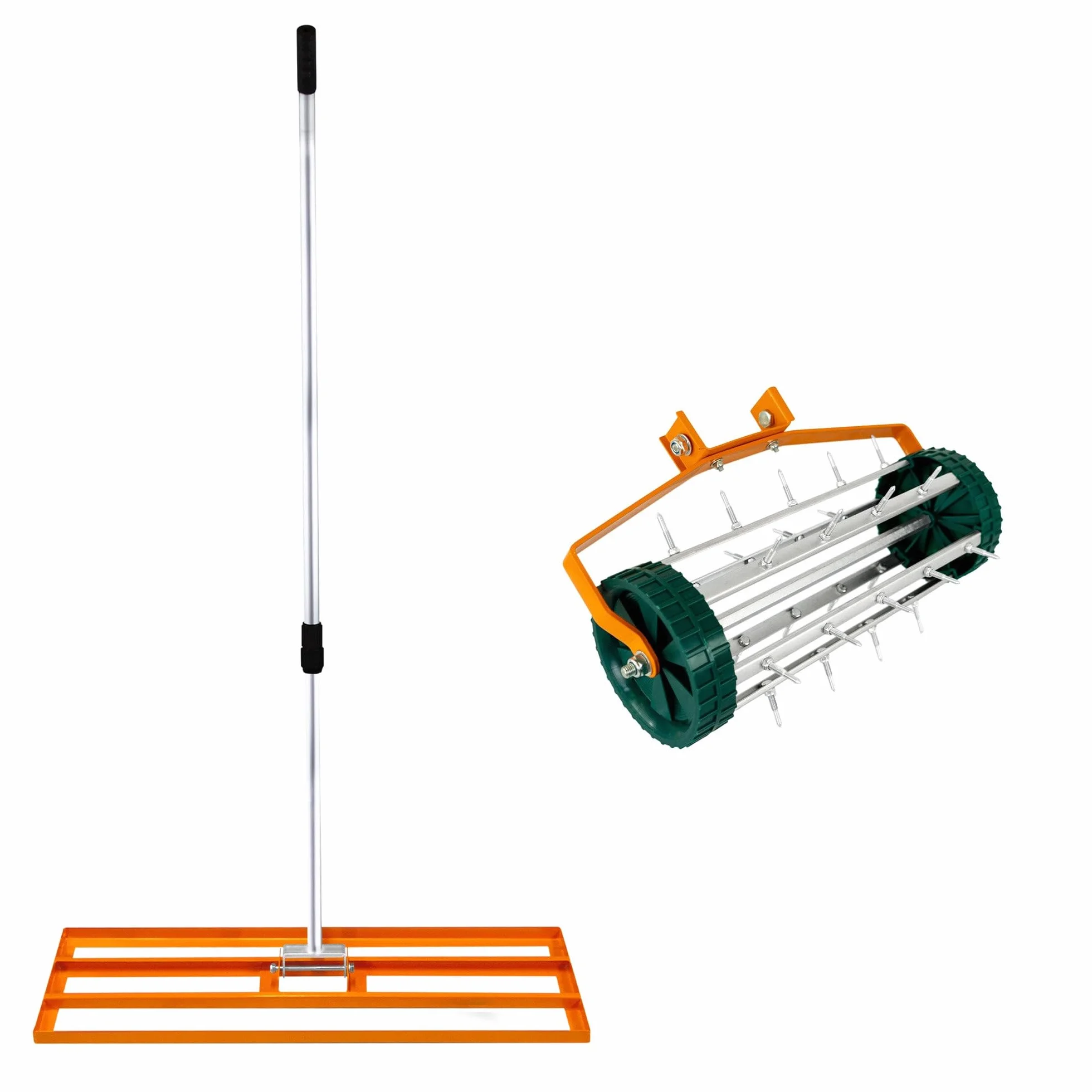Set 2-in-1 Arieggiatore Manuale e Livellatore per Prato Arancione in Acciaio Zincato e Alluminio con Manico Estensibile fino a 2m, Base Livellatrice da 100cm e Picchetti da 3,8cm