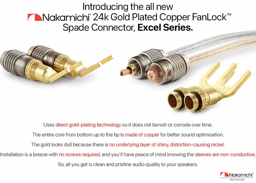Nakamichi FanLock Excel Series 24k placcato oro connettore a forcella spina a banana 10 AWG - 18 AWG 4mm per altoparlanti amplificatore Hi-Fi, 8 pezzi