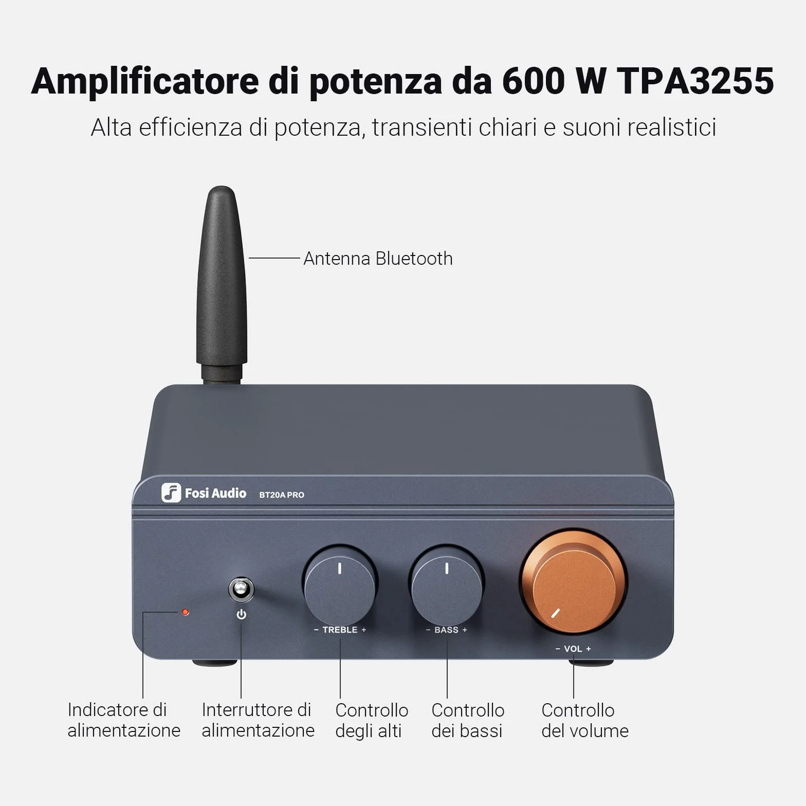 Fosi Audio BT20A Pro Amplificatore Bluetooth 5.0 300Wx2 TPA3255 HiFi Stereo Classe D 2.0 Canali
