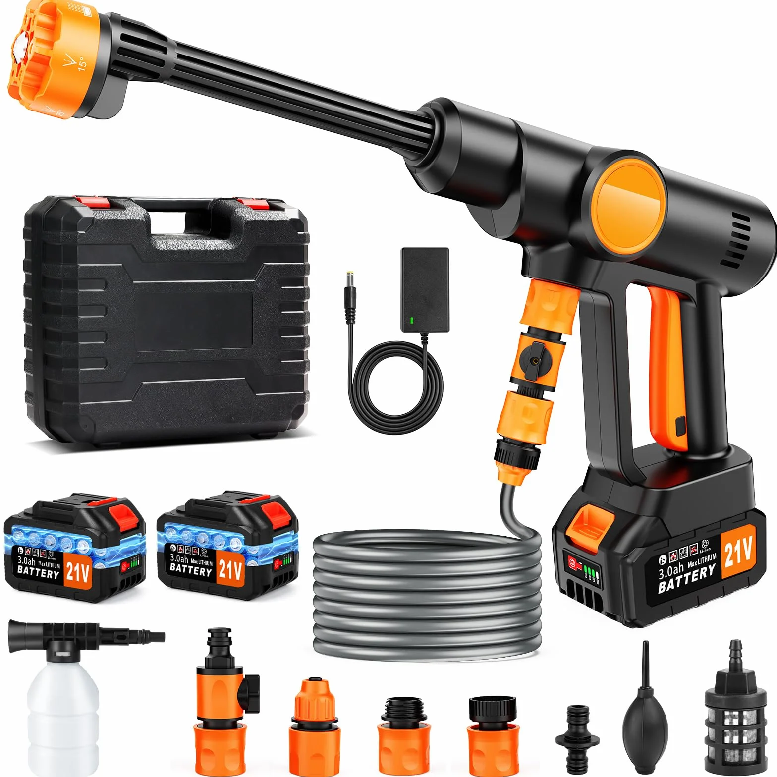 Idropulitrice a Batteria Senza Fili, Idropulitrice Portatile Potente con 2x3000 mAh Batterie, Motore Brushless, 100 Bar, Tubo da 5M, Ugello 6 in 1, Pistola Idropulitrice per Auto Giardino Irrigazione