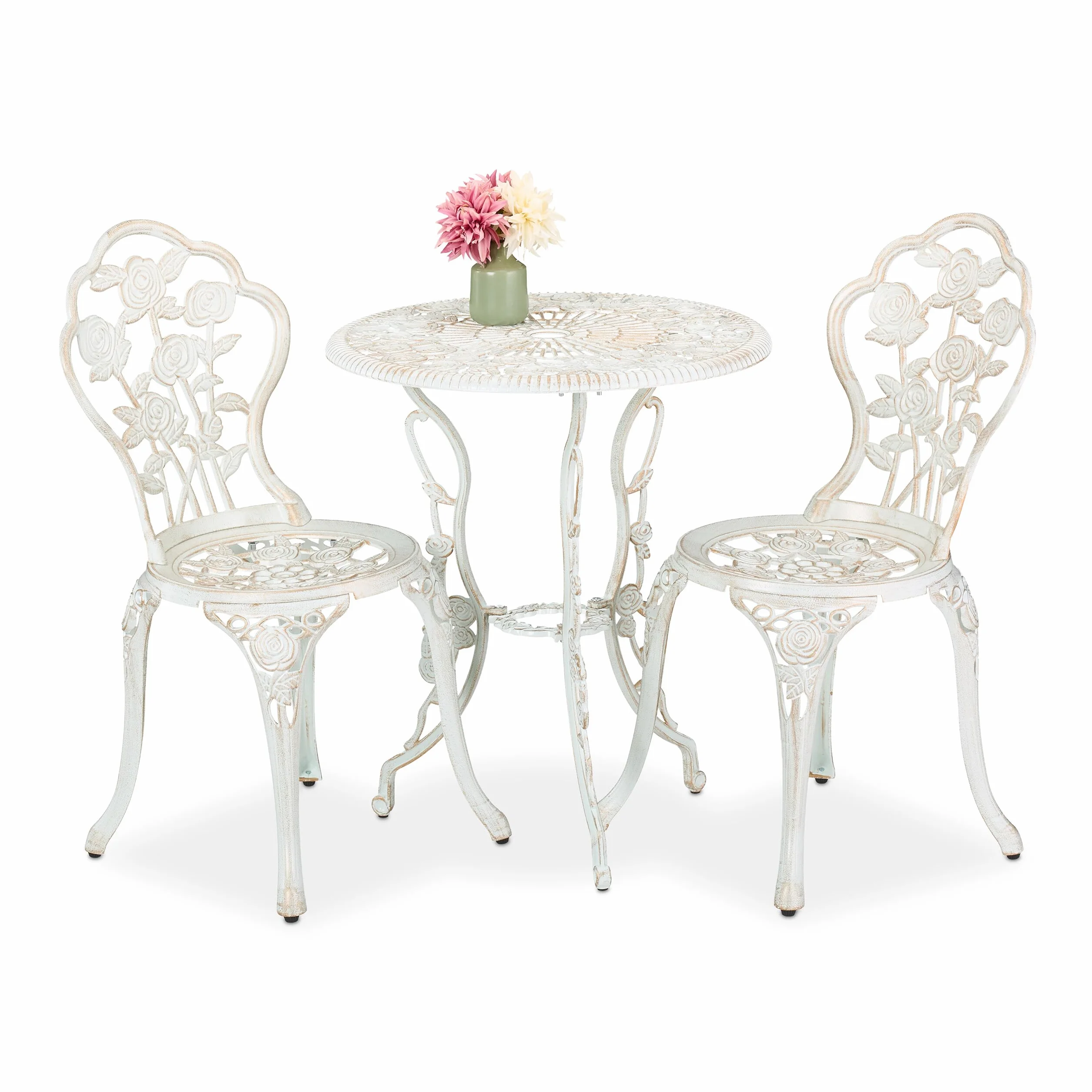 Relaxdays Set da Bistrot da 3, Tavolino da Giardino, 2 Sedie, Balcone, Stile Ferro Battuto, in Alluminio, Bianco Bronzo