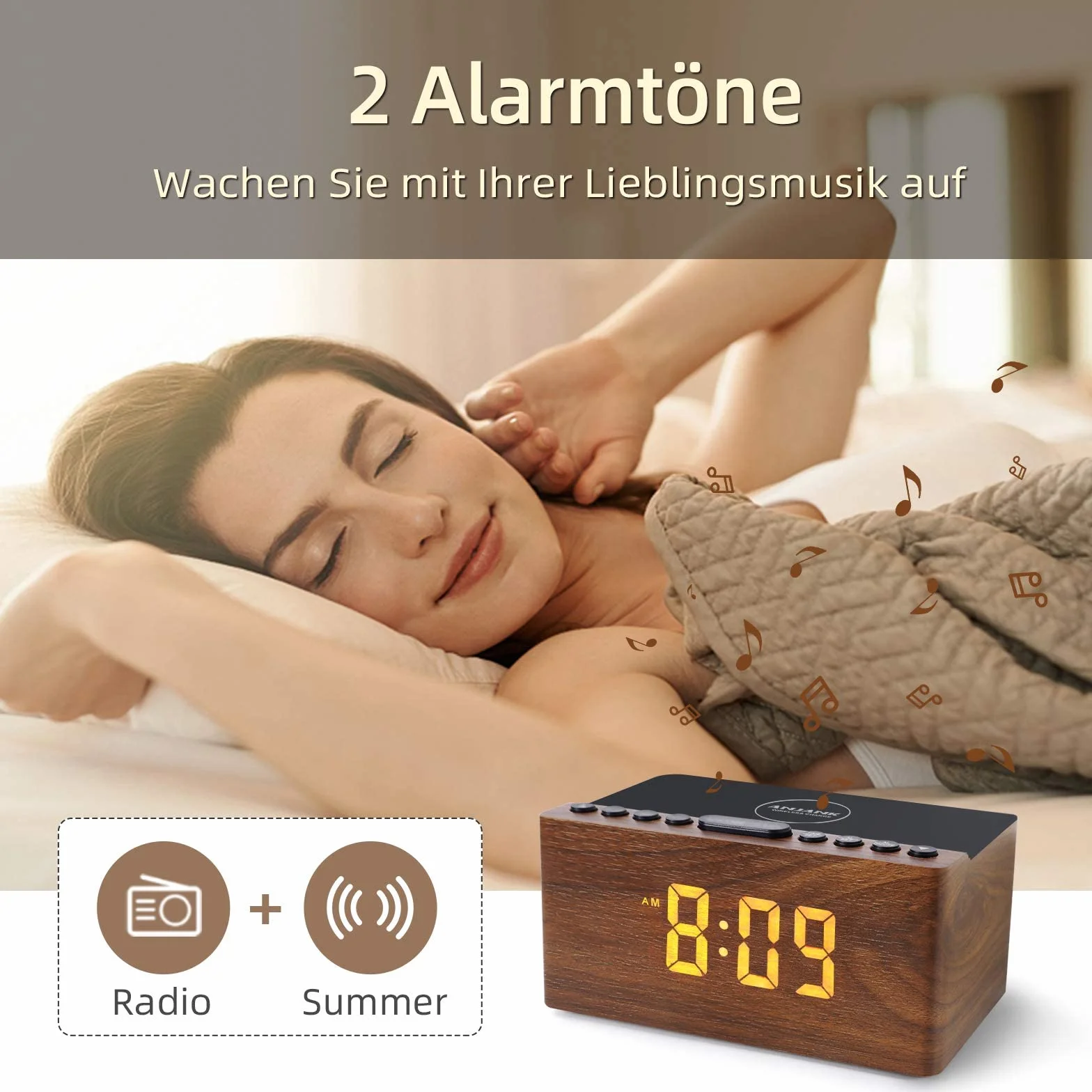 ANJANK Radiosveglia Digitale con Radio FM, Stazione di Ricarica Wireless Veloce 10W per iPhone/Samsung Galaxy, Display LED, Dimmer 5 Livelli, USB