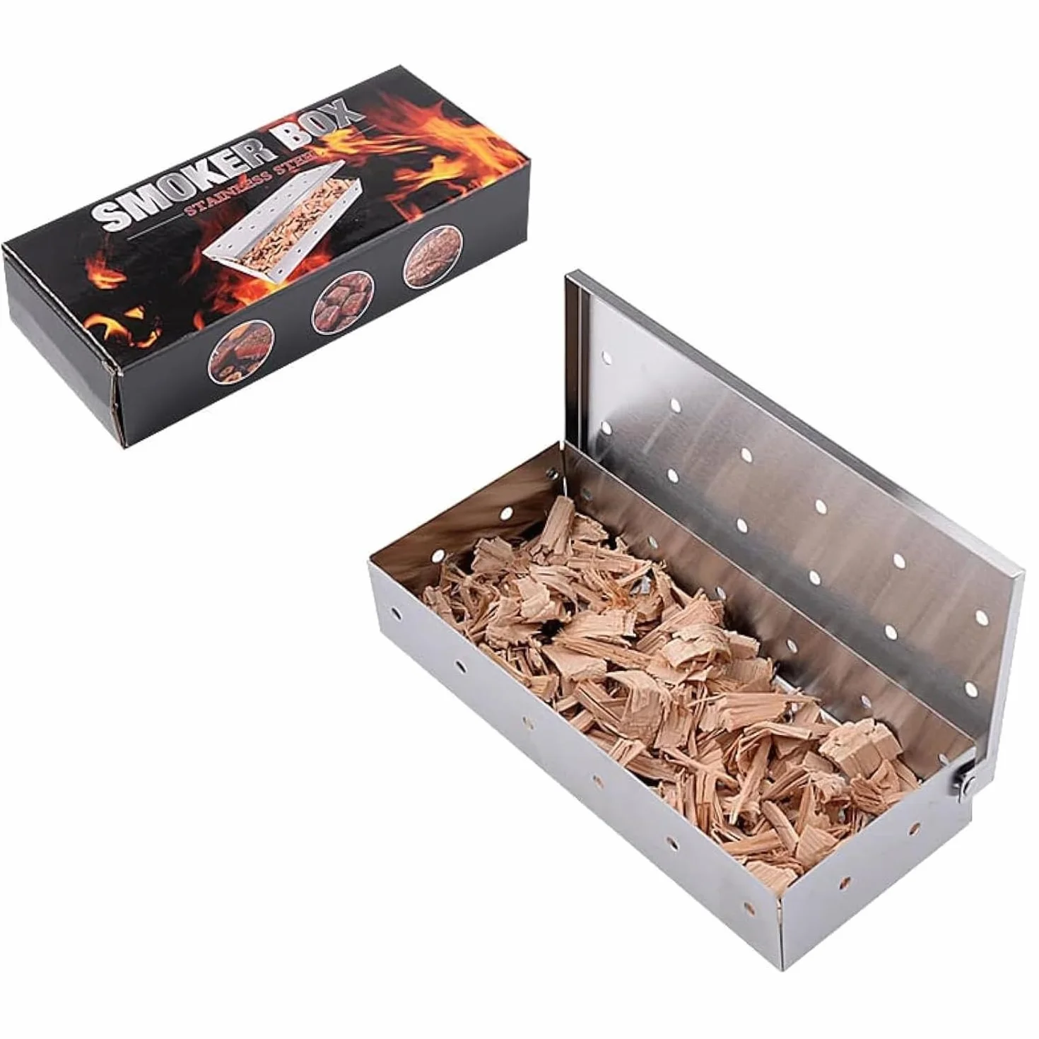 Affumicatore Acciaio Inox Barbecue, BBQ Aroma Box, Scatola per affumicatura per barbecue a gas,per affumicatori, barbecue a carbonella e a gas Smoker Box