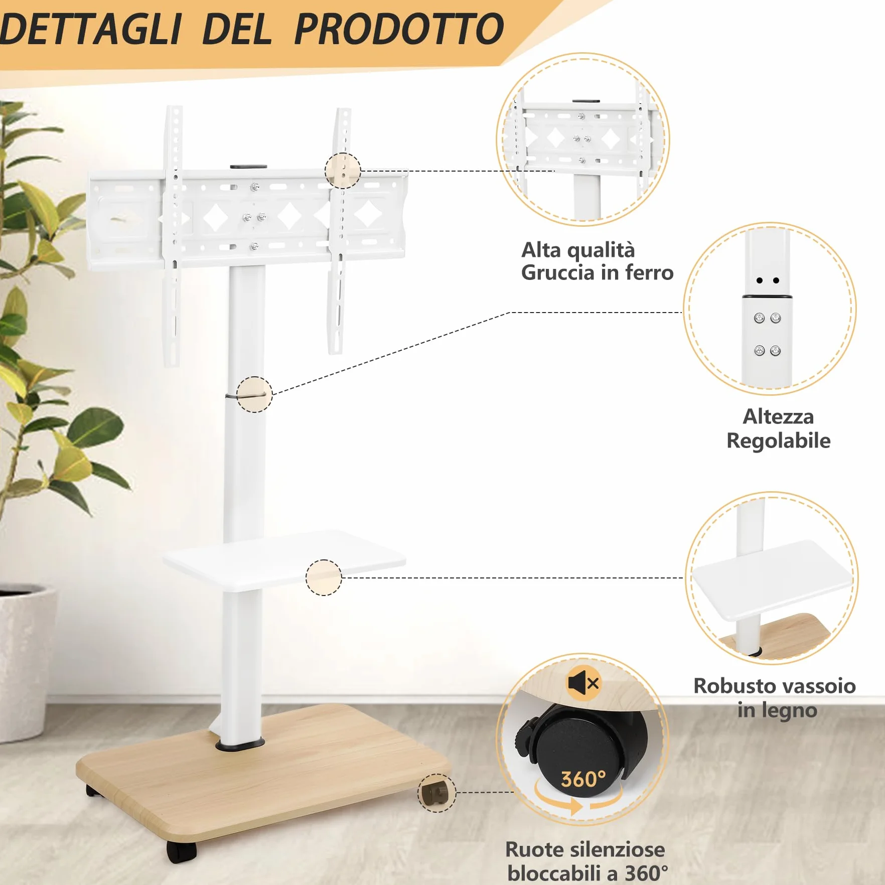 Supporto per TV con ruote bloccabili e ripiano per laptop, per schermi LED LCD OLED da 32-70 pollici, fino a 45,4 kg, altezza regolabile