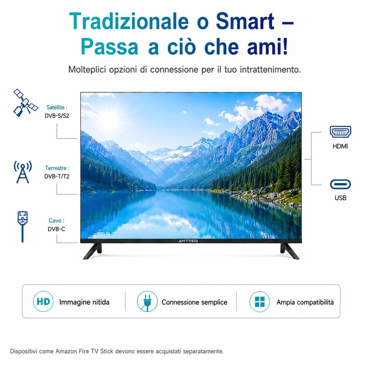 Antteq TV 32 Pollici (81 cm) LED HD Triple Tuner DVB-T2/S2/C HDMI USB H.265/HEVC 10bit Audio Dolby E32-AH1Q1L