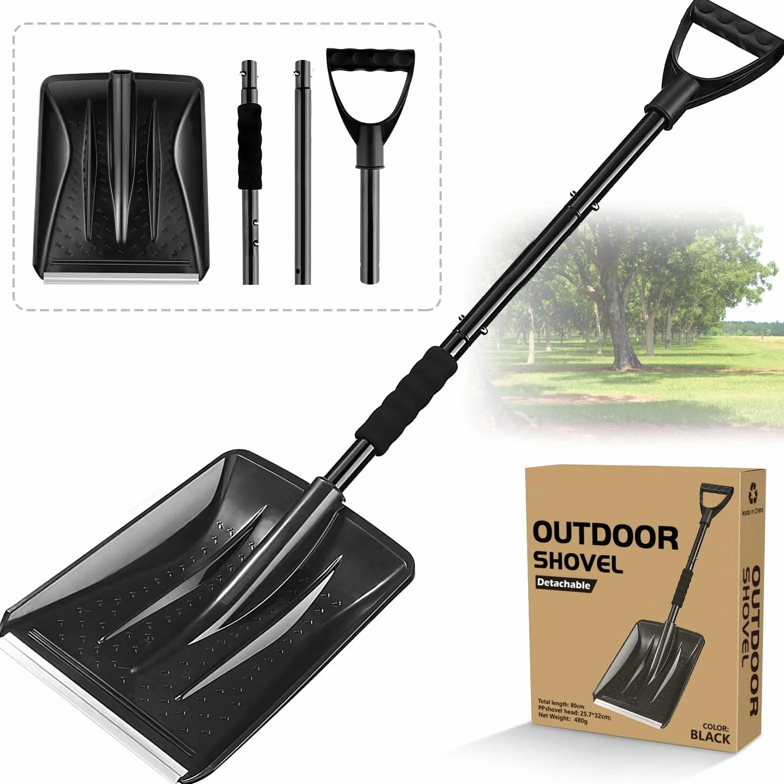 Pala da Neve, 108cm Pala da Neve per Auto, 4 Pezzi di Design Staccabile, Leggera Pala Neve Regolabile Portatile con Grande Capacità Perfetta per Giardino, Auto Guida (Nero)