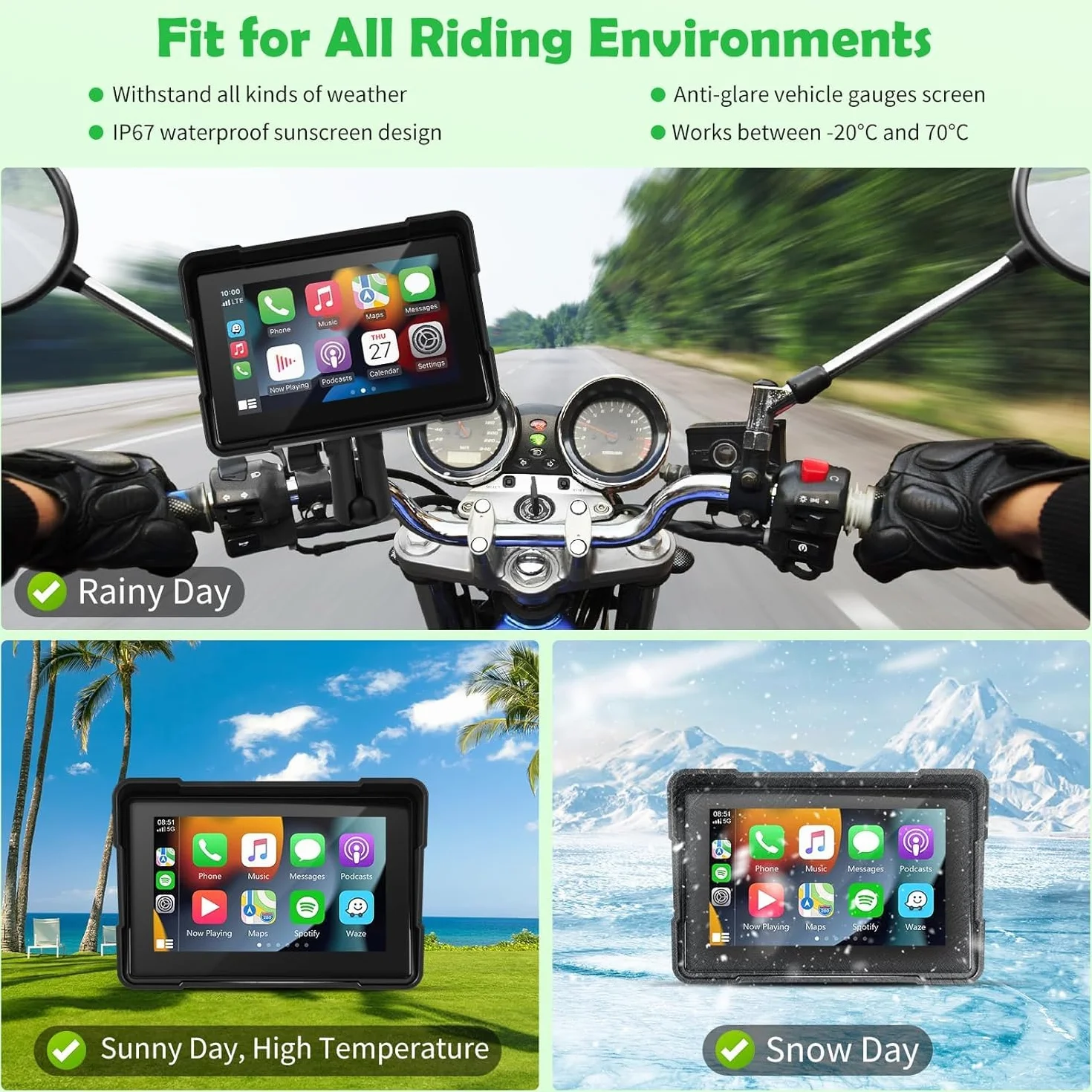 Euakee 5 Pollici Impermeabile Touch Screen Moto Car-play & Android Auto Navigatione GPS Wireless 1000 Nit