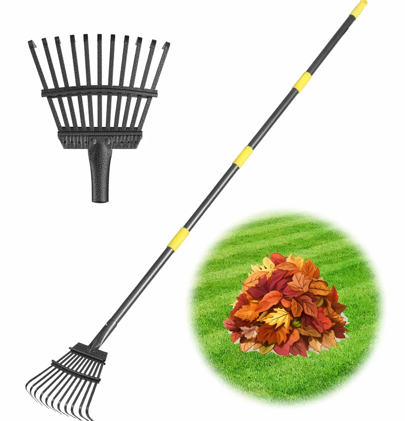 Rastrello da giardino, piccolo rastrello per foglie resistente, rastrello da giardino in metallo da 178 cm con 11 denti 21,6 cm di larghezza, rastrello regolabile con manico in acciaio per