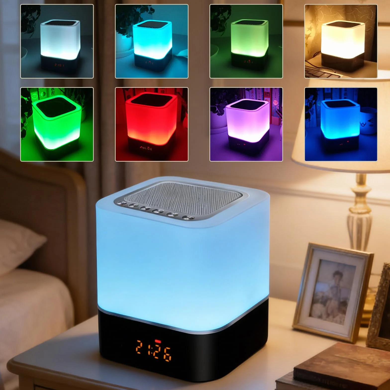 BORDEAG Altoparlante Bluetooth Sveglia con Luce LED Touch, Lampada da Comodino Dimmerabile, Lettore MP3