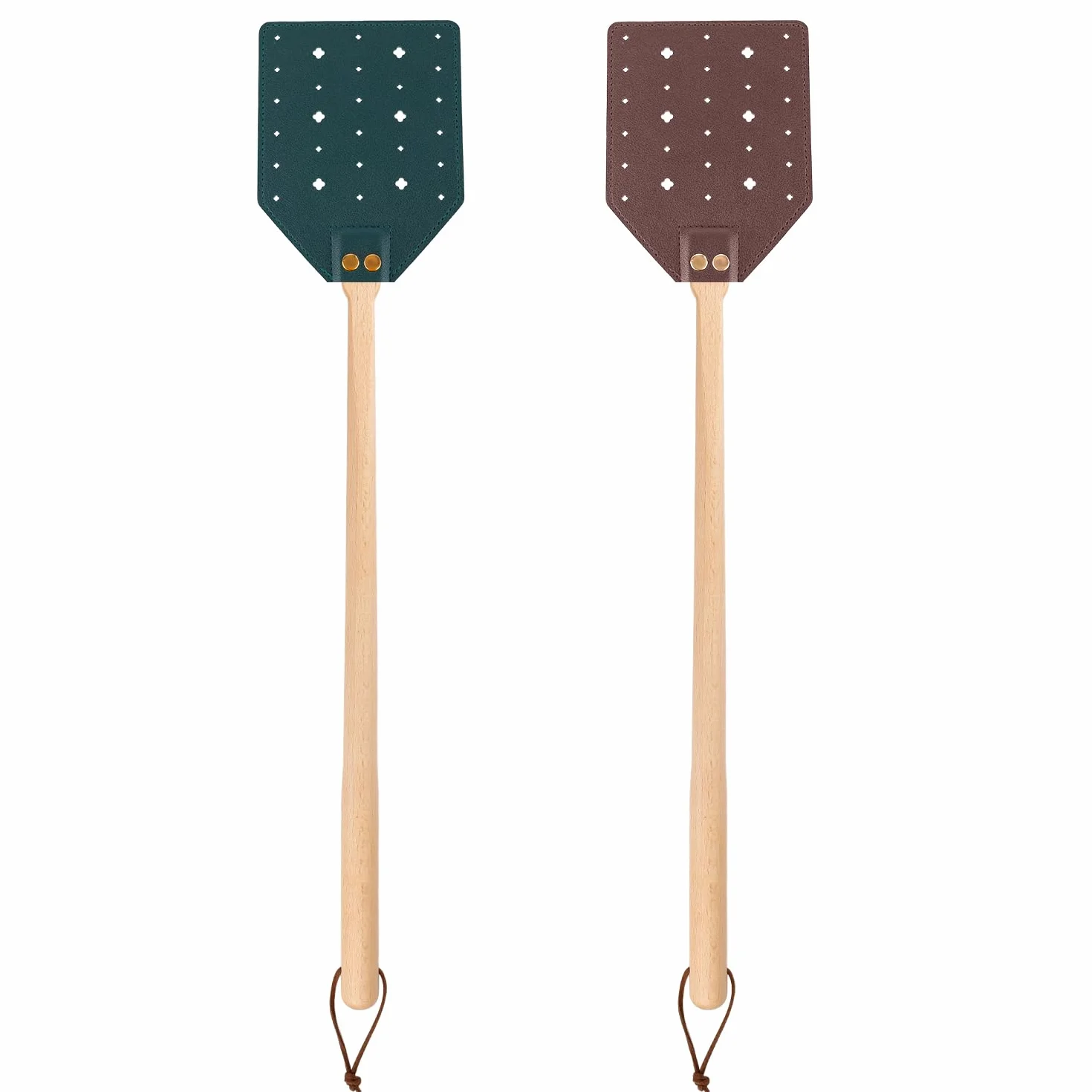 2 Pezzi Scacciamosche in Pelle, Scacciamosche Lungo Resistente Manuale con Manico in Legno & Corda Sospesa Scacciamosche Cavo Modellato per Interni Esterni (Verde Scuro, Marrone)