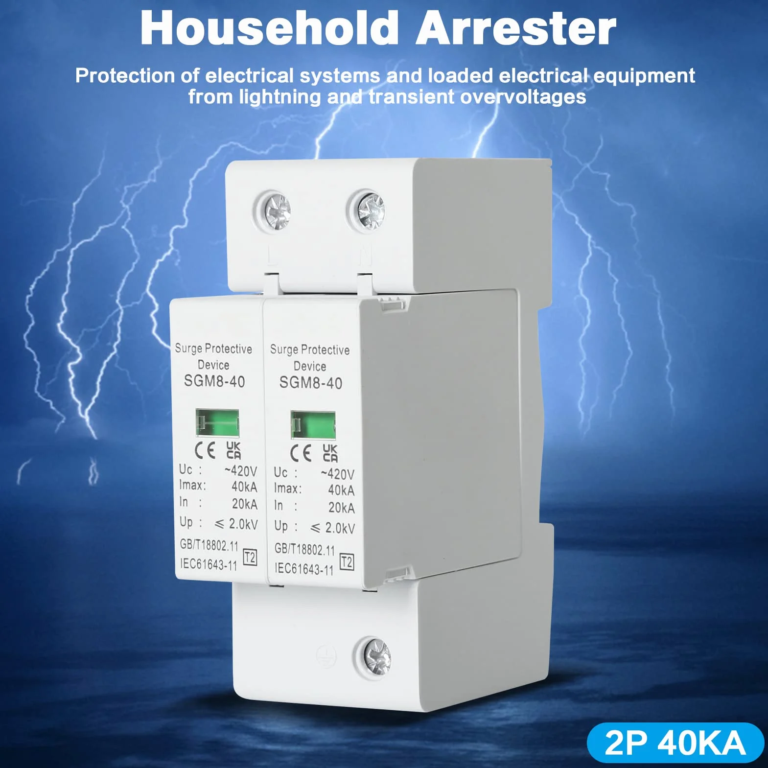 Scaricatore di Sovratensione 2P 40kA 220V Protezione contro i Fulmini Guida DIN