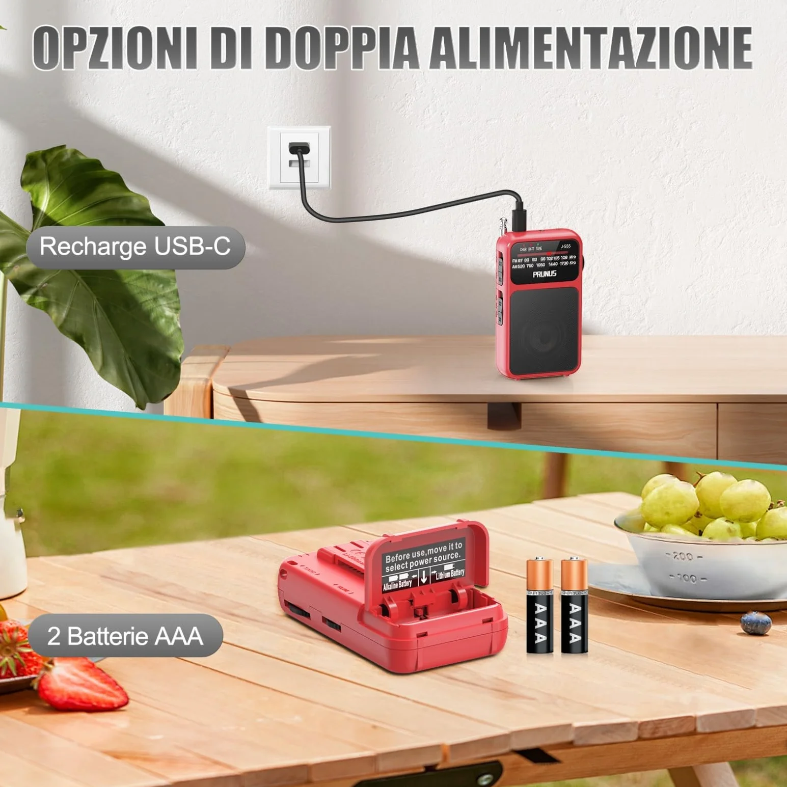 PRUNUS J-555 Radio Portatile Ricaricabile FM/AM con Batterie AAA, Jack, Clip Posteriore Rosso