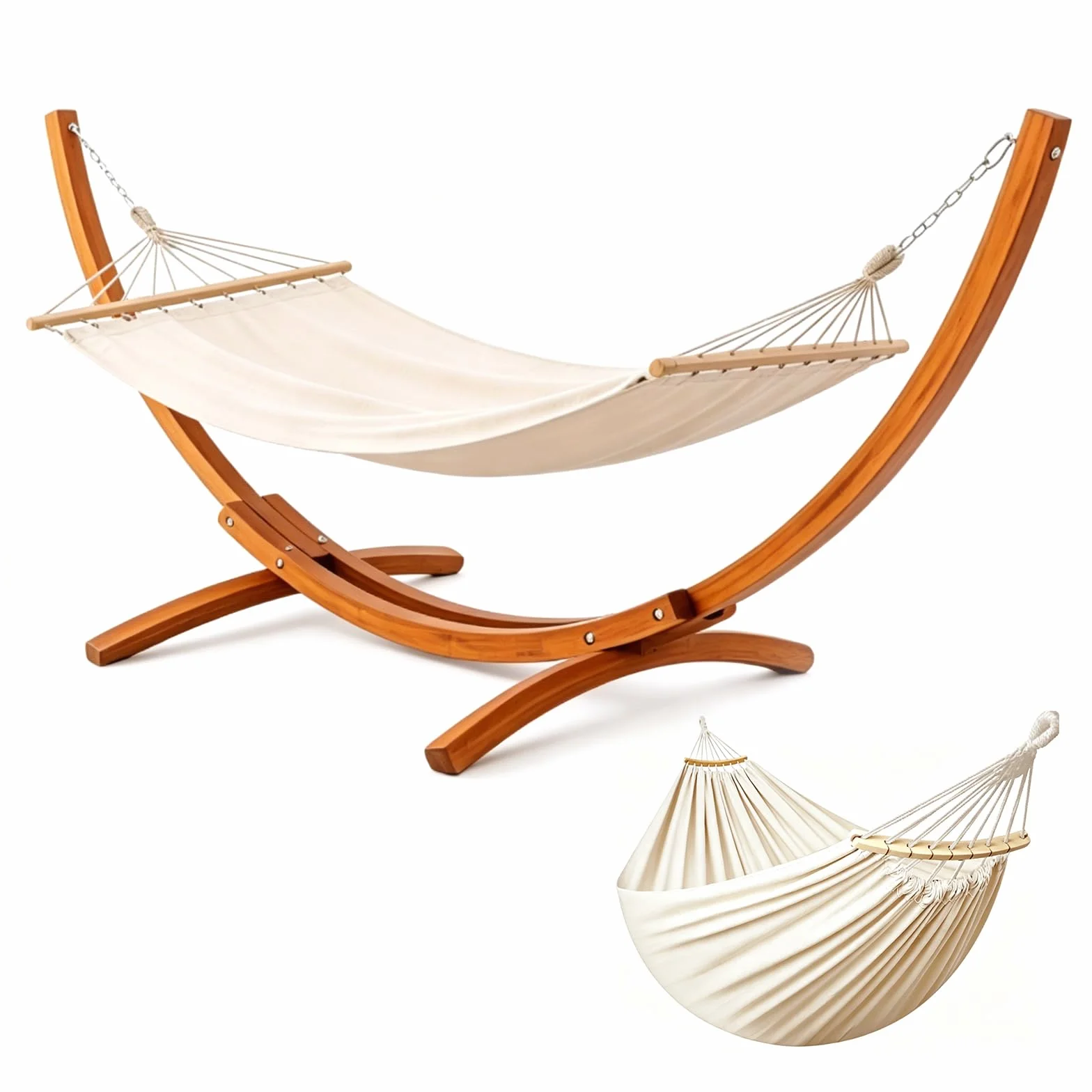 Amaca con Supporto in Legno, Incluye 2 Amache, Portata 200 kg, Medidas 320×120×120 cm, Telaio Arcuato Stabile in Legno, Regolabile in Altezza, per Giardino, Terrazzo e Balcone