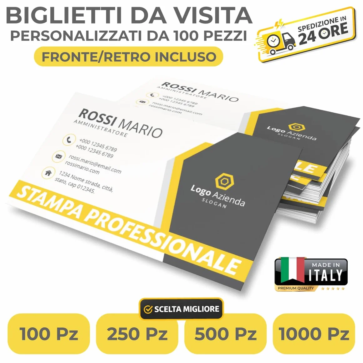 Biglietti da Visita Personalizzati 100 pezzi 85x55 mm Fronte Retro Colori Carta Patinata Opaca