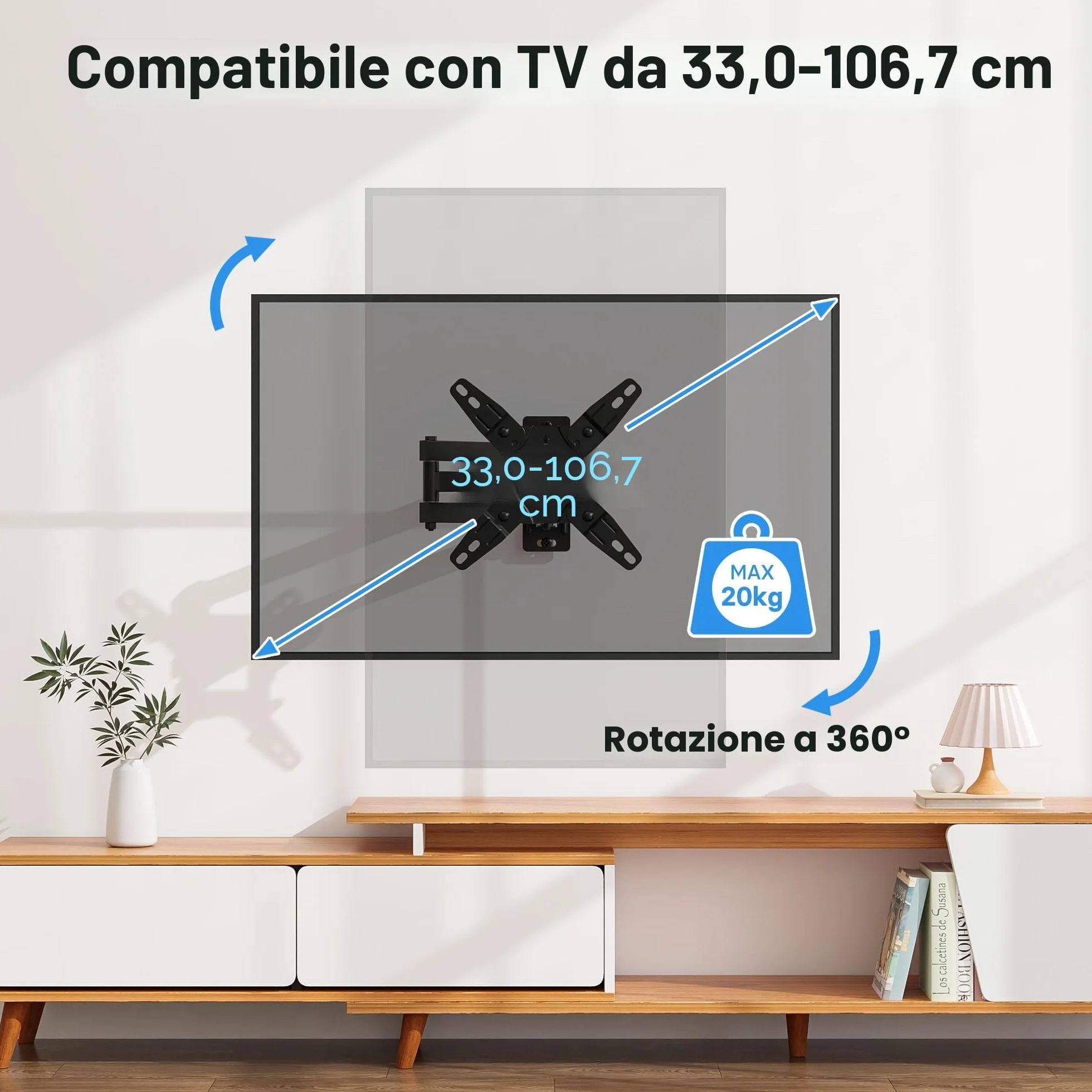 BONTEC Supporto TV Parete 13-42 Pollici, Staffa TV Universale Girevole Inclinabile Rotazione 360°, VESA 200x200, 20 Kg