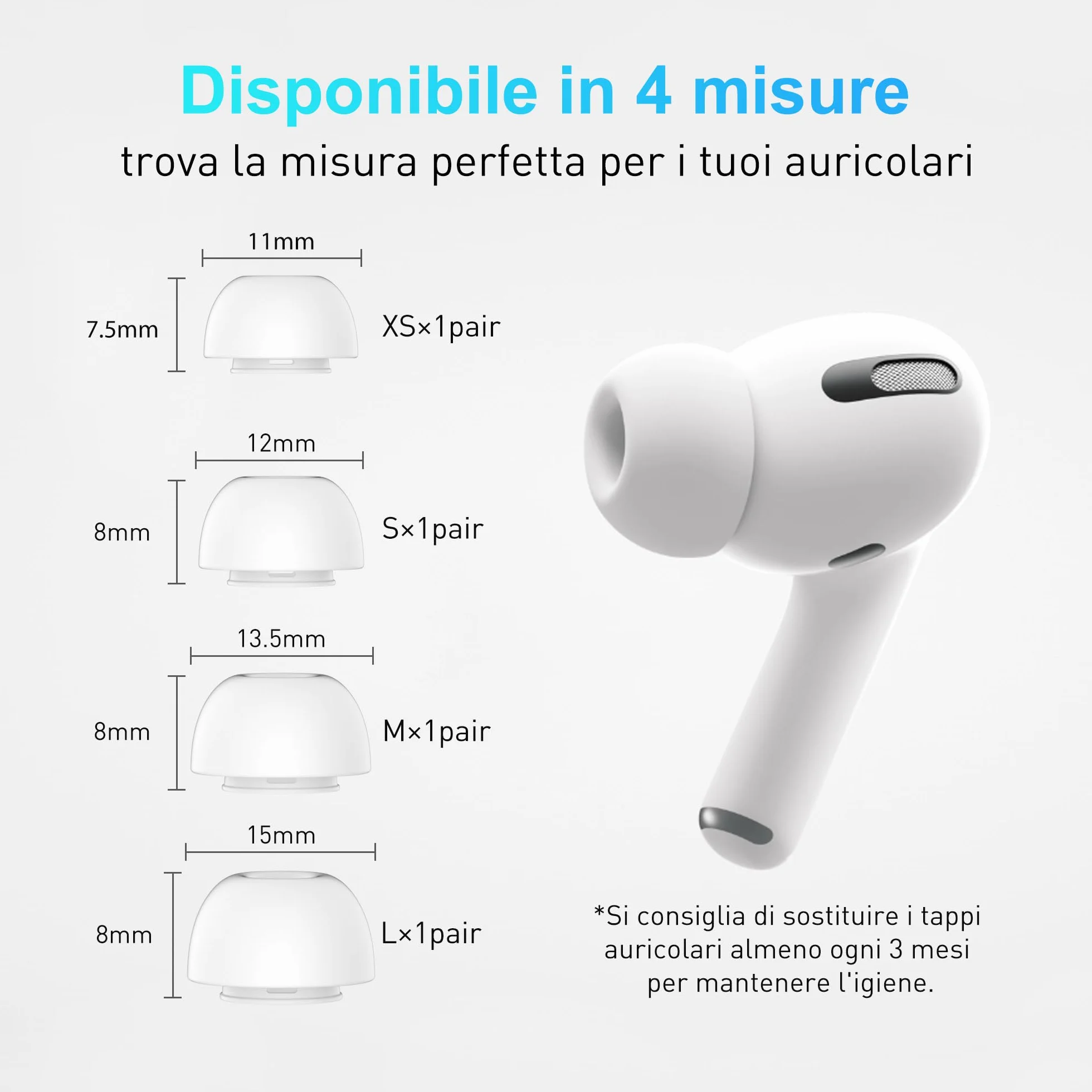 YISH Gommini per AirPods Pro/AirPods Pro 2 4 Paia Cuffie Auricolari con Custodia Penna Pulizia Foro Riduzione Rumore Ricambio (XS/S/M/L)