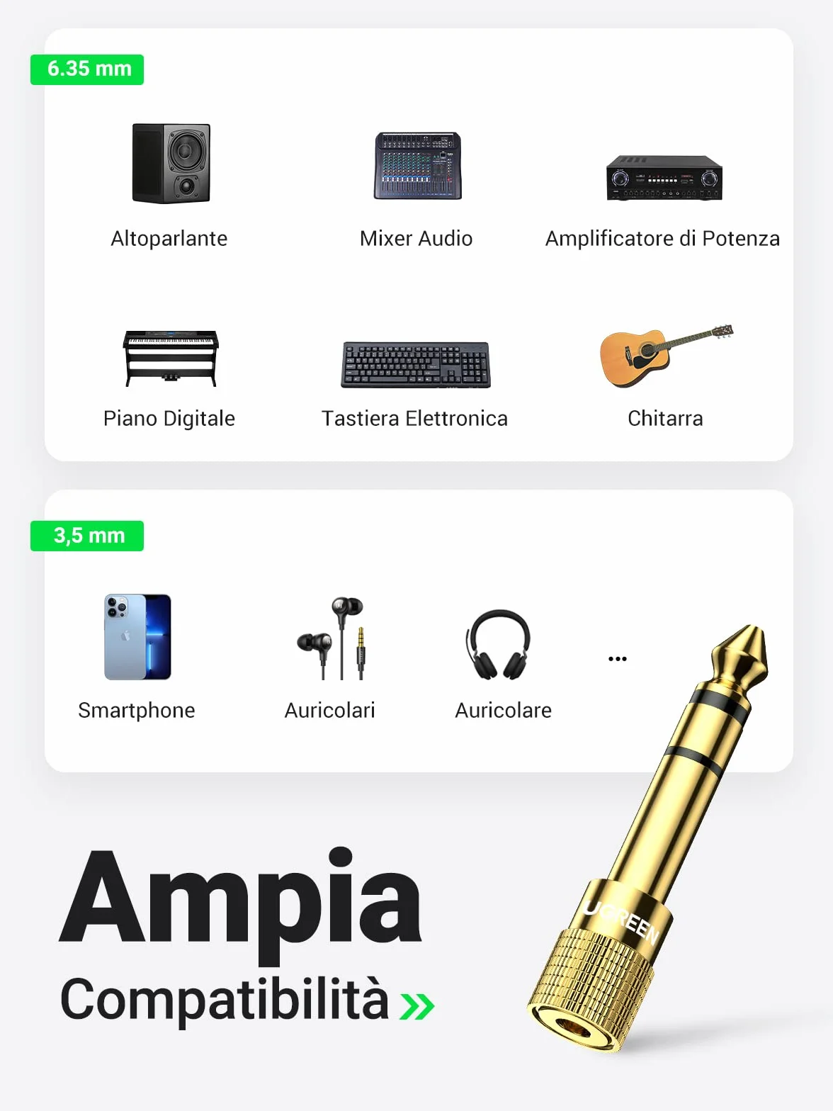 UGREEN Adattatore Audio Jack 3,5 Femmina a 6,3 Maschio Minijack HiFi 2 Pack