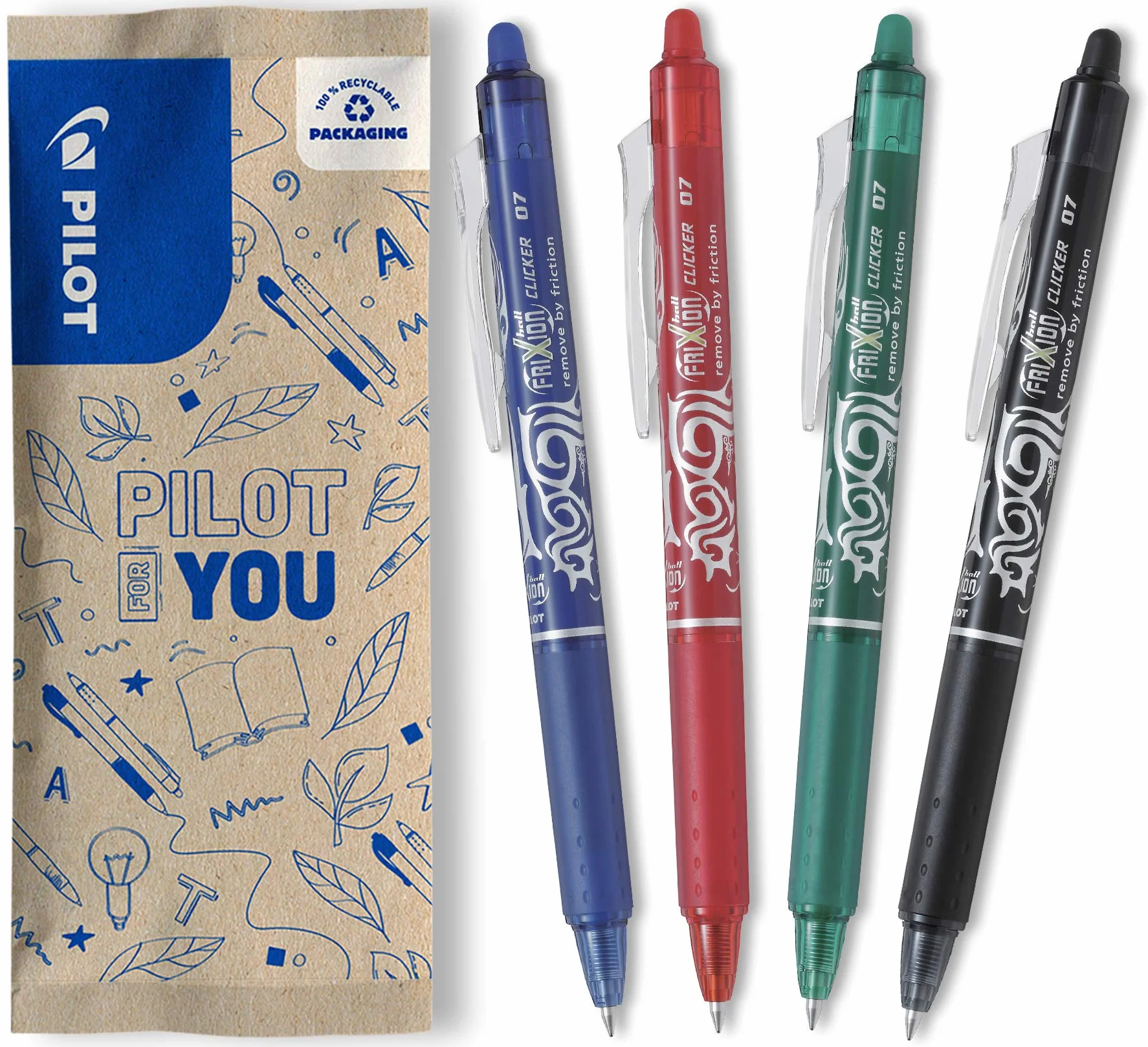 PILOT Set di 4 FriXion Ball Clicker 07 Penna Cancellabile Termosensibile Roller a Scatto Ricaricabile Nero Blu Rosso Verde Punta Media