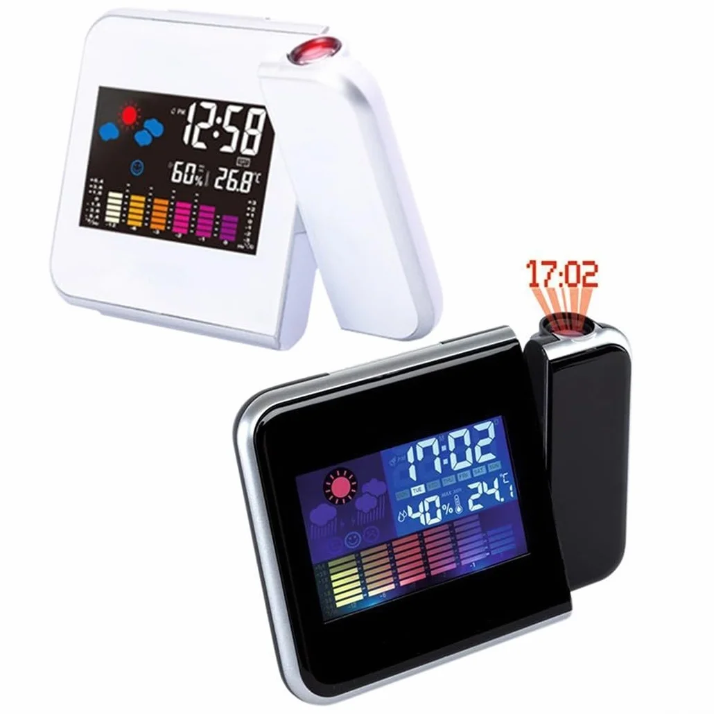 Sveglia a Proiezione con Display LED, Termometro Meteo, Schermo LCD, Funzione Snooze, Porta USB (Nero)