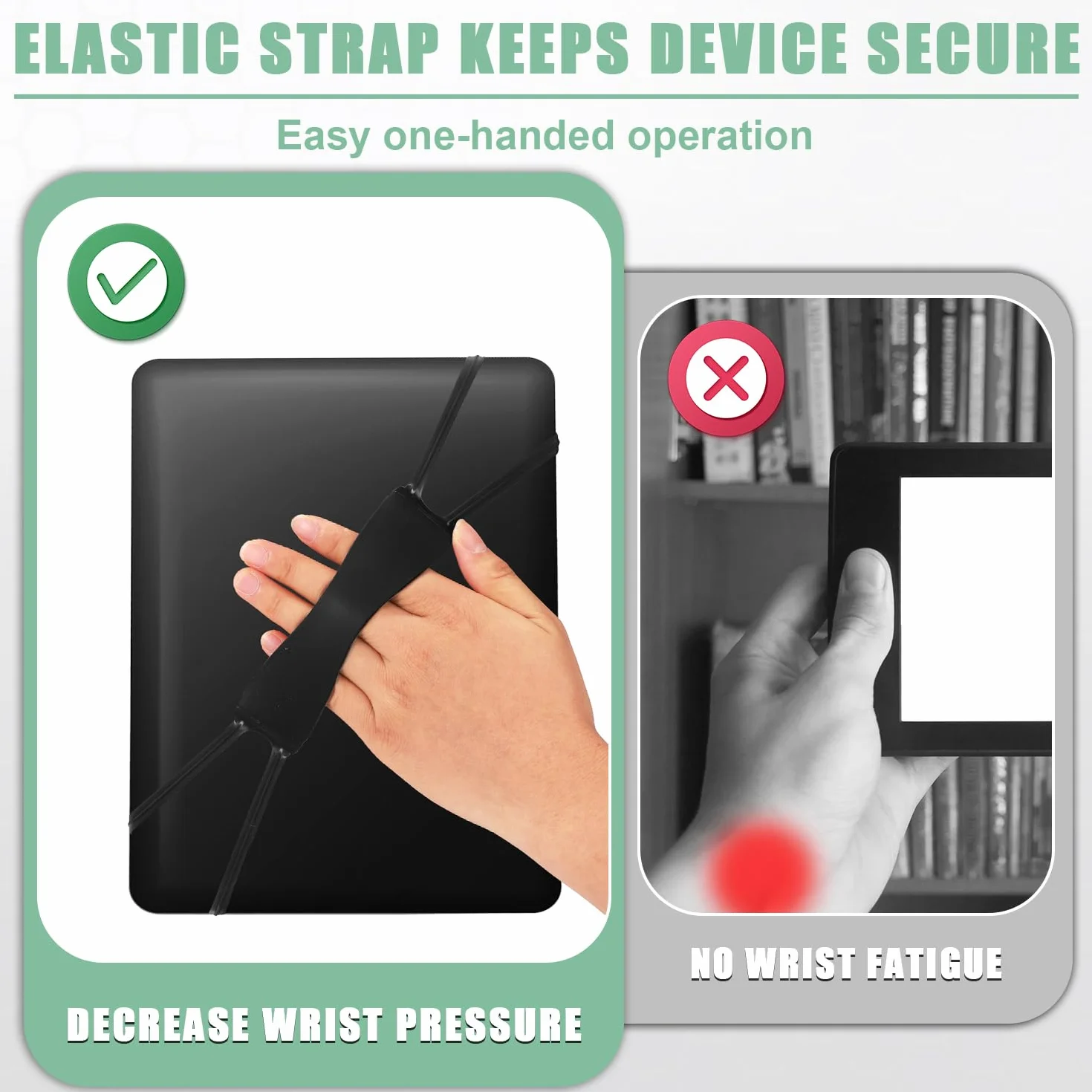 Lyreh 3 Pezzi Supporto da Polso per Kindle, Comodo Cintura di Lettura Estensibile per Tablet 10,16-20,32 cm (Nero, Rosso, Verde)