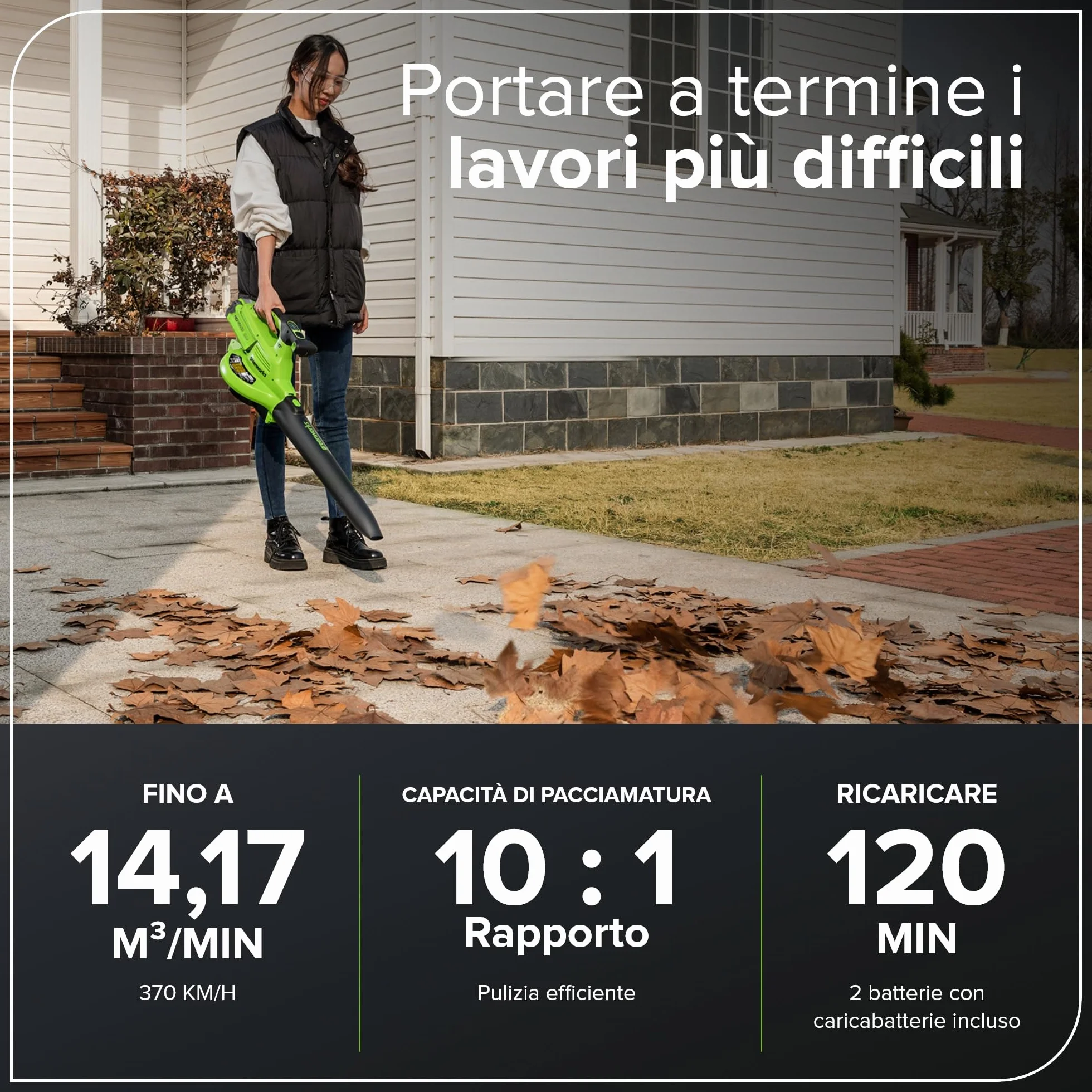 Greenworks 40V Aspiratore Soffiatore a Batteria per Foglie, Motore Brushless, 370km/h, 14.17 m³/min, Sacco di Raccolta da 45L, Due Batterie 2Ah e Caricabatterie, Garanzia 3 Anni GD40BVIIK2X