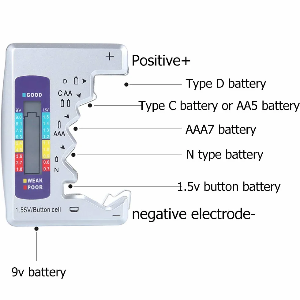 DollaTek 1.5V 9V Digital Battery Tester AA AAA LR44 Universale Strumento di Misurazione Argento