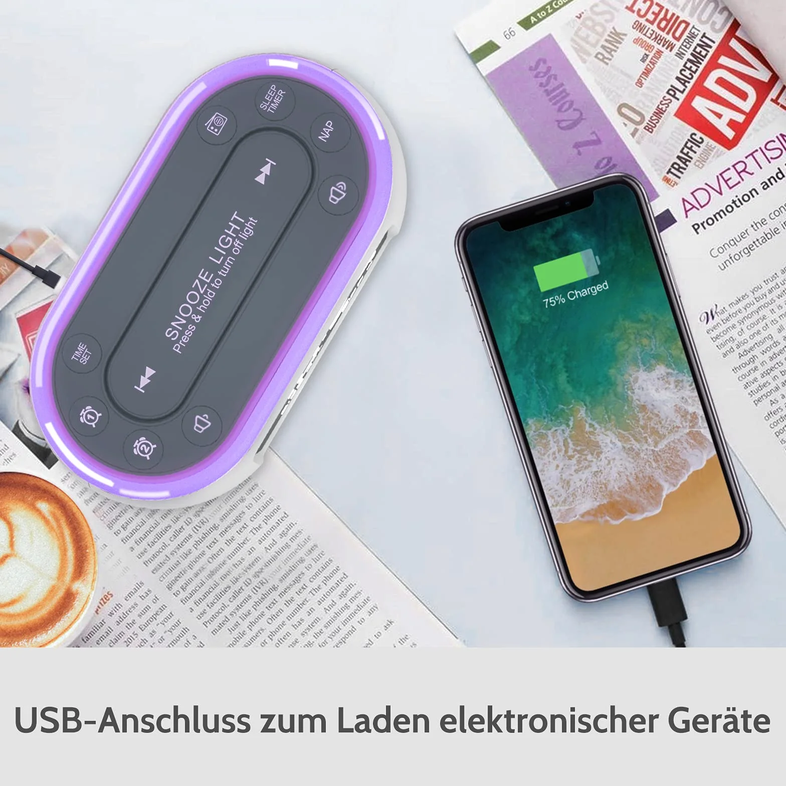 BUFFBEE Radio Sveglia con Luce Notturna 7 Colori, Doppio Allarme, Snooze, Dimmer, Porta USB, Timer Riposo, Sveglia Digitale con Radio FM, Timer Notte - Bianco