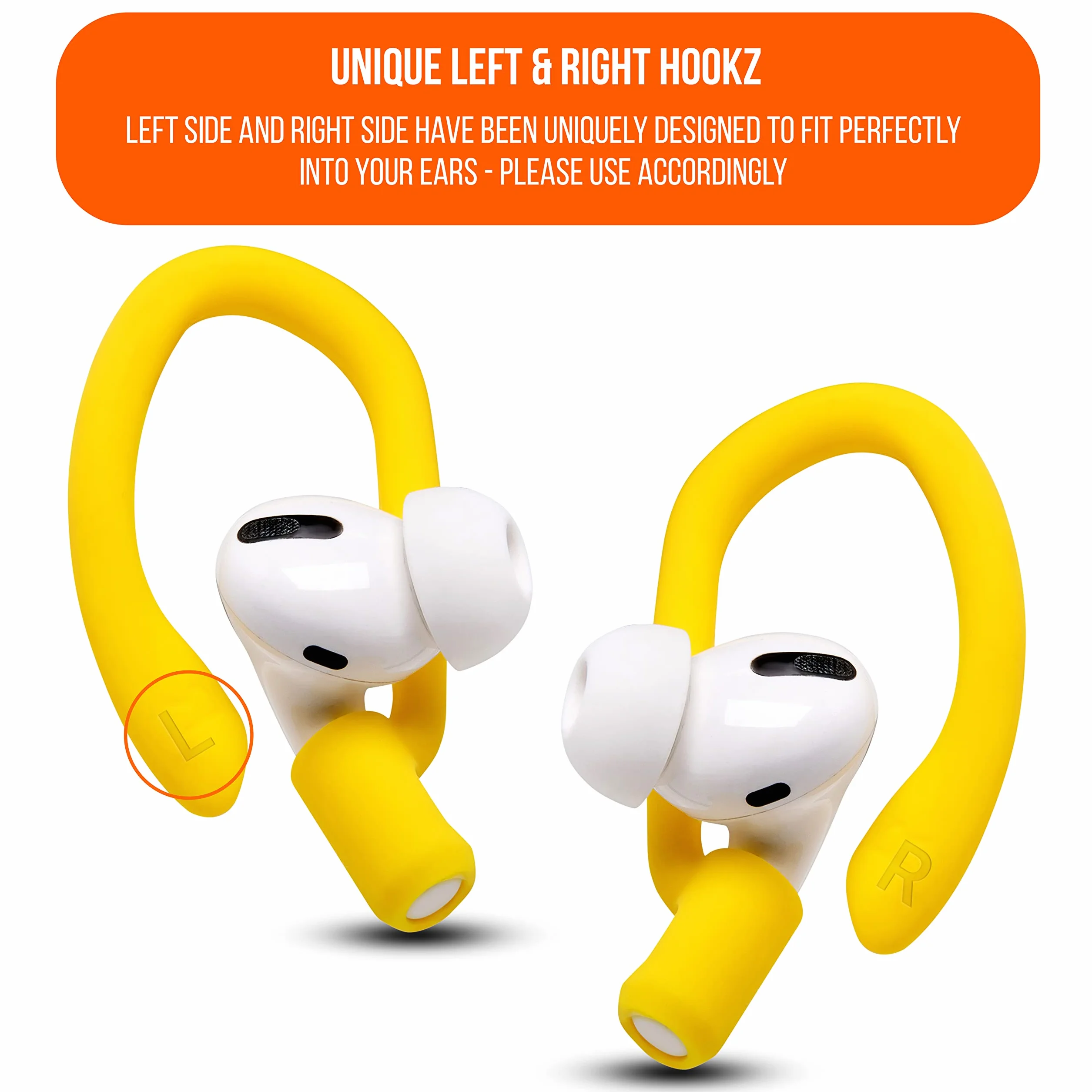 Wicked Cushions WC HookZ Ganci sopra l'orecchio per AirPods Pro 1, 2 e AirPods 1, 2, 3 - Due paia, Neon Yellow