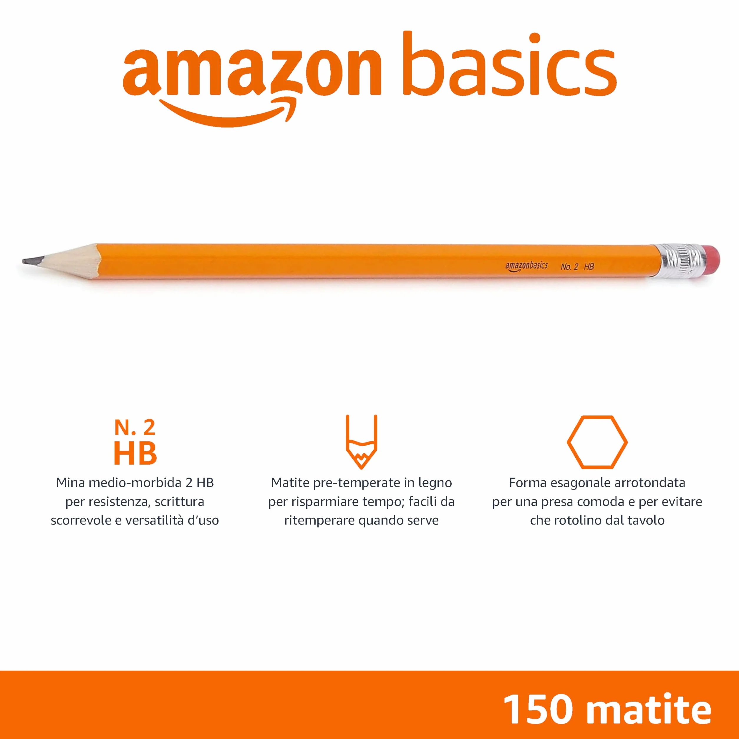 Amazon Basics Matite HB2 Grafite Legno Già Temperate Gomma Senza Sbavature Confezione da 150