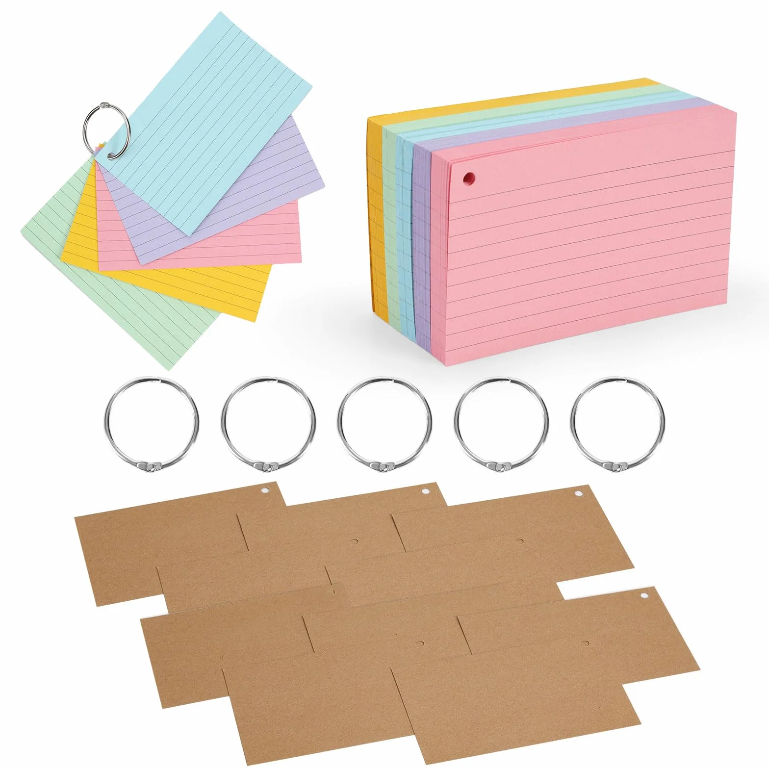 250 Pcs Flash Card Colorate 13 x 8 cm Scheda Indice con Raccoglitore ad Anelli per Ufficio e Scuola (5 Colori)