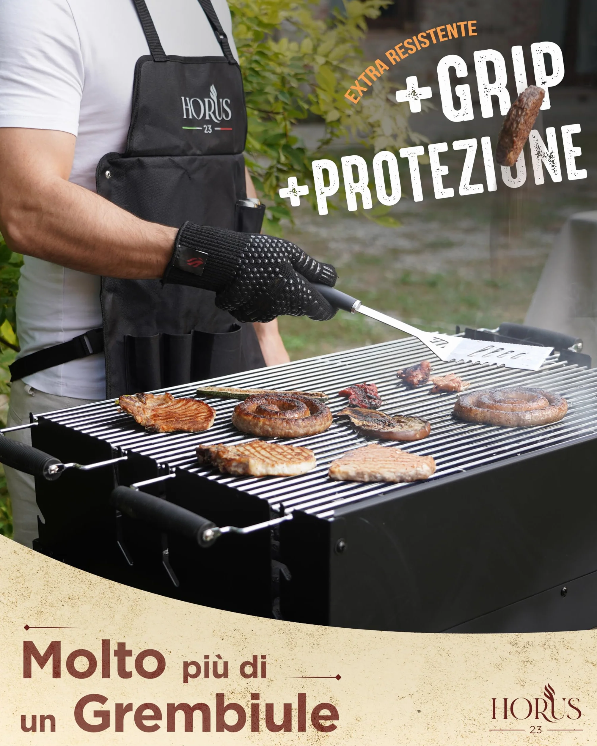HORUS 23® Set Barbecue con Guanto Ignifugo, Tappetino Griglia e Grembiule Oxford Acciaio Inox