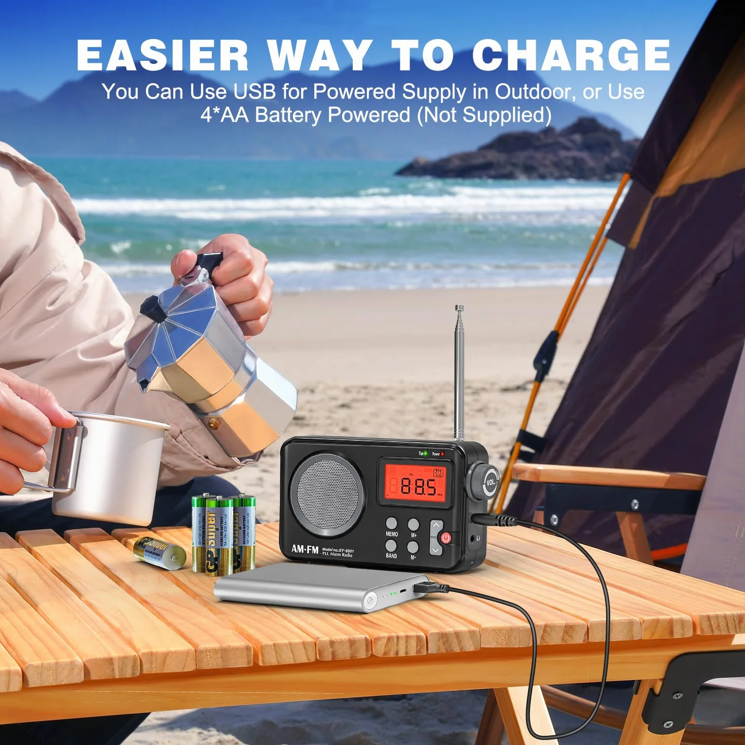 Tendak Radio Portatili FM/AM, Radiolina Portatile Piccola, Radio a Pile, Schermo Grande, Sveglia, Timer, Radio a Transistor Alimentata via USB - Nero