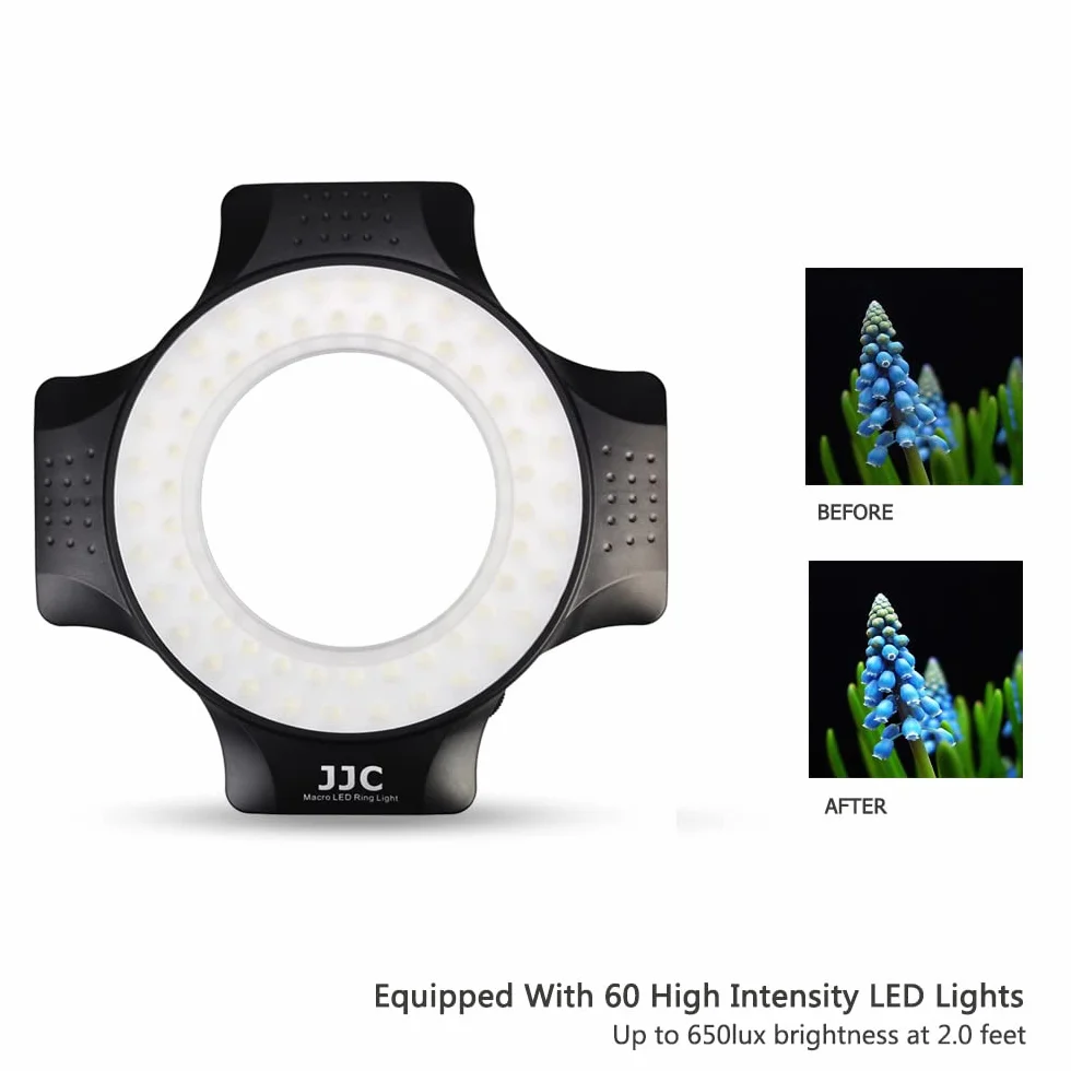 JJC Macro Ring Light LED 60 LEDs High Intensity Flash Diffuser for Canon Sony Nikon Olympus Fuji DSLR Lenses 49-67mm