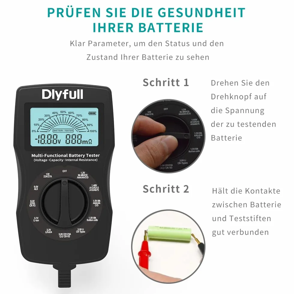 Dlyfull Tester Batterie Stilo Universale per AA AAA C D 9V Ricaricabili e Non Ricaricabili Volt Resistenza Interna Checker