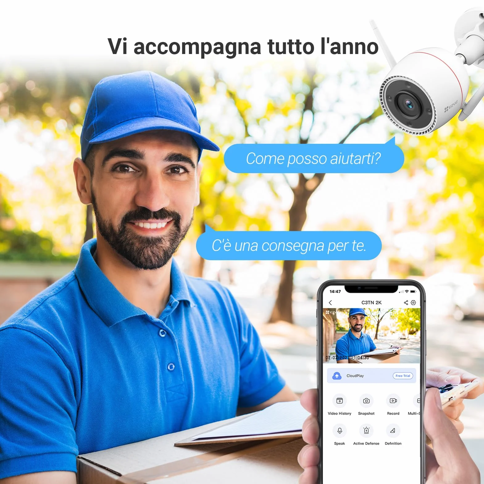 EZVIZ Telecamera WiFi Esterno 3MP, Videocamera Sorveglianza Esterno con Visione Notturna a Colori 30m, IP Camera IA Rilevamento Persone, Alexa