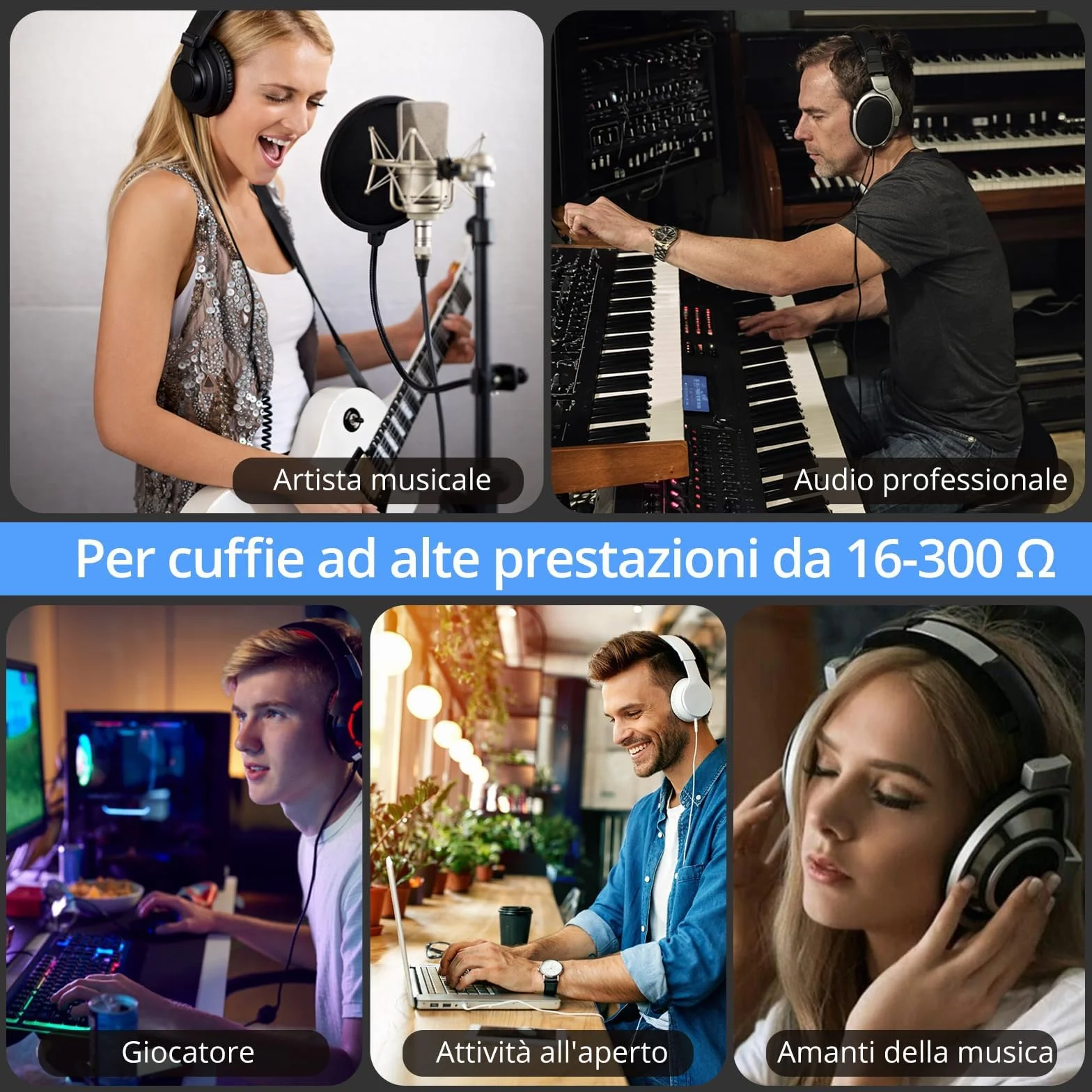Amplificatore per Cuffie Hi-Fi Portatile Ricaricabile 16-300Ω Due Livelli di Guadagno Manopola Volume Ingresso/Uscita 3,5 mm