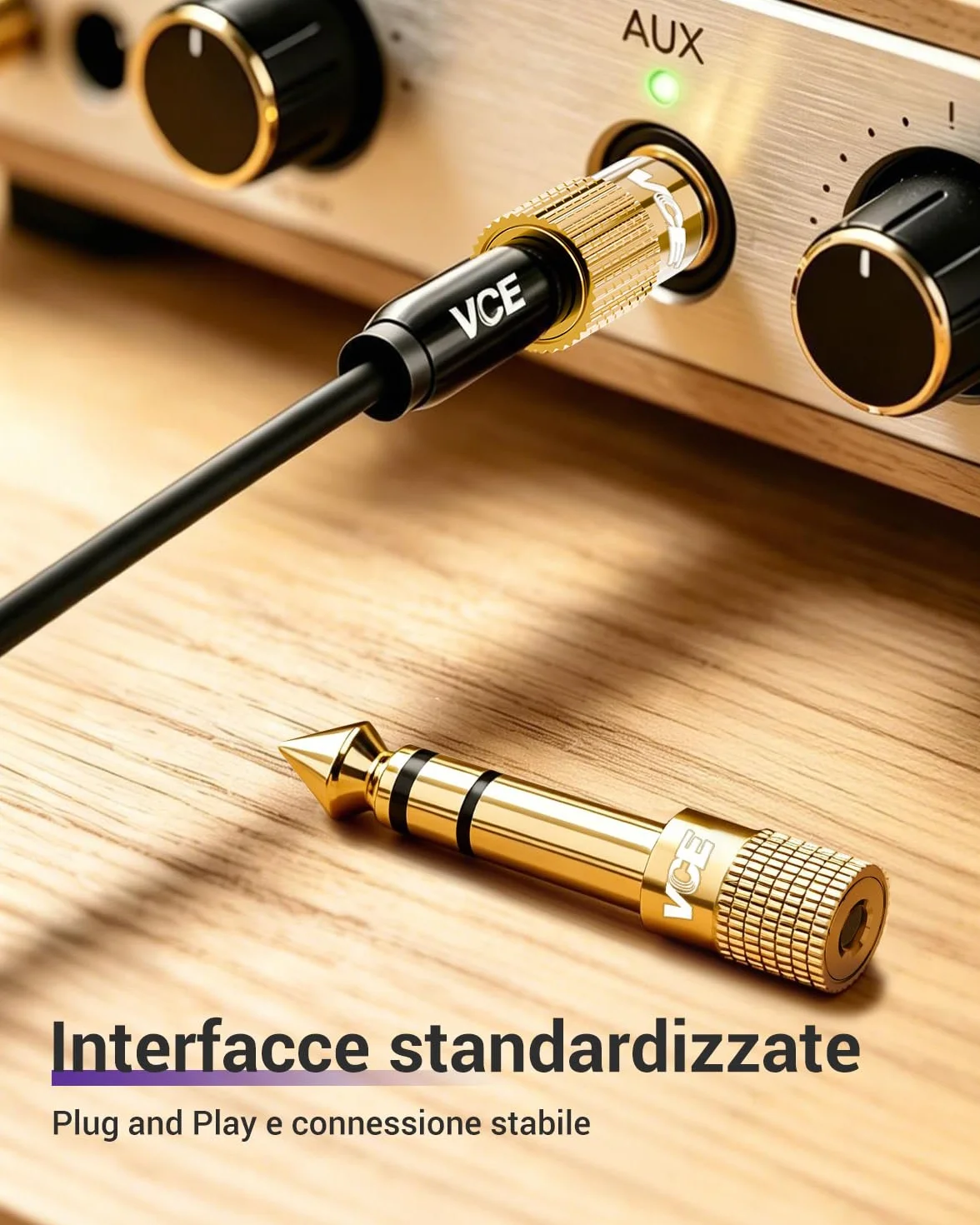 VCE Adattatore Jack 6.3 3.5 Placcato in Oro, da Piccolo a Grande Stereo AUX per Chitarra Elettrica, Amplificatore, Mixer, 2 Pezzi