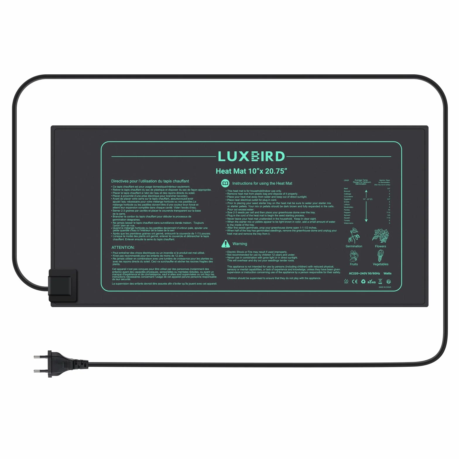 LUXBIRD Tappeto riscaldante per piantine 21 Watt Impermeabile IP67 52x25cm LB-HM21W