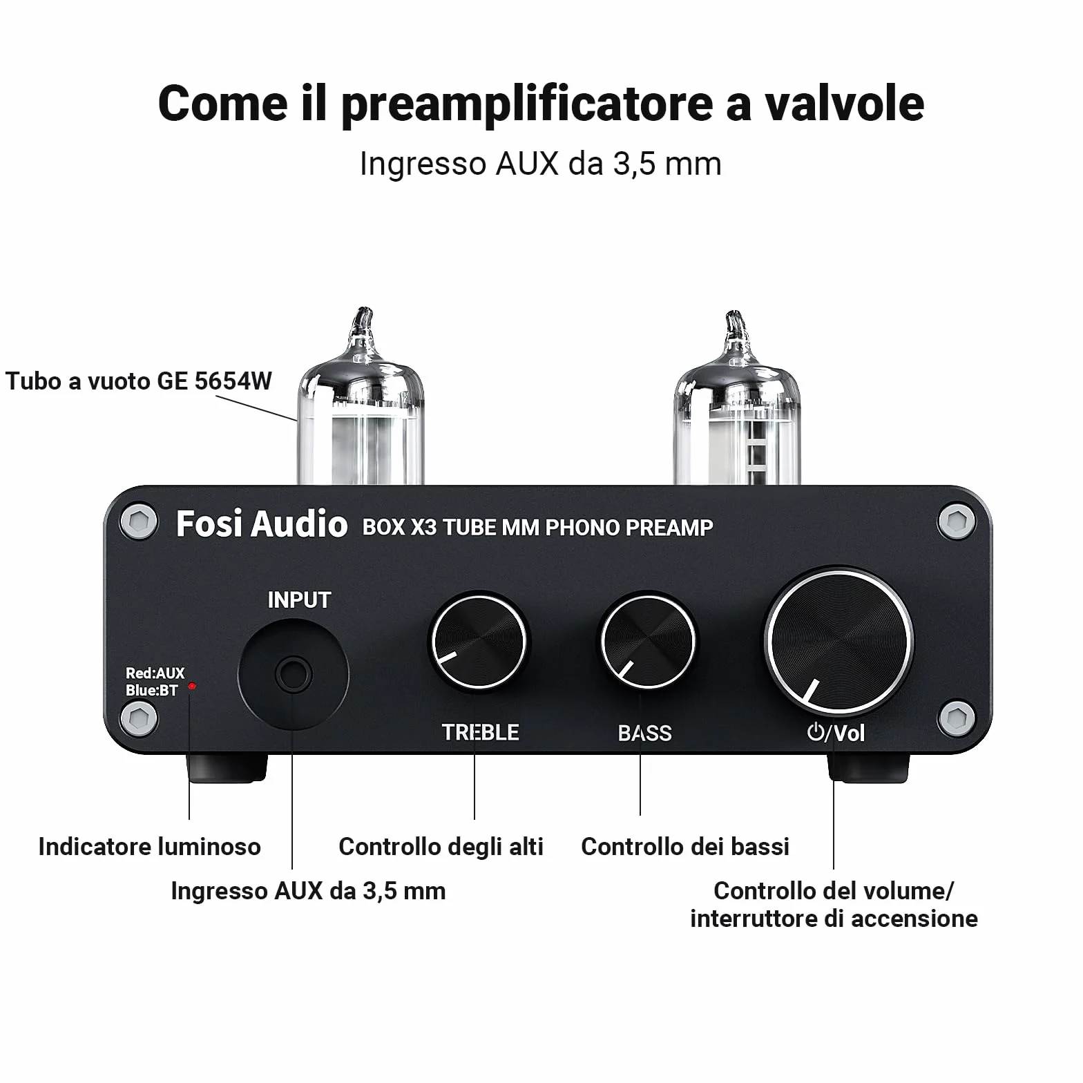Fosi Audio BOX X3 Tube Phono Preamplificatore Giradischi Bluetooth 5.0 Mini Stereo Hi-Fi