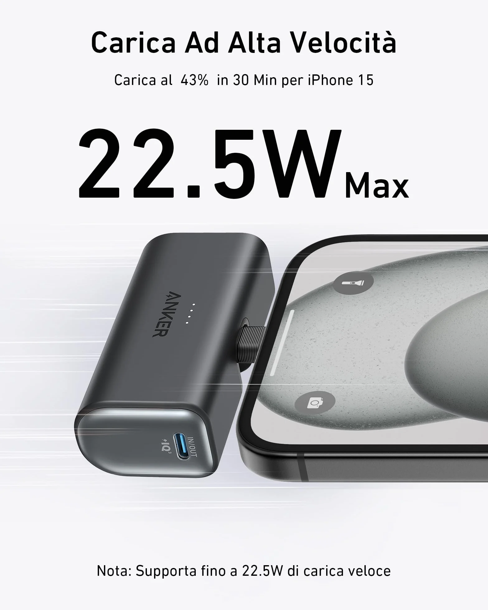 Anker Nano Power Bank 5000 mAh 22,5 W USB C Pieghevole Integrato Ricarica Rapida per iPhone 17 Pro Max/16-12, Samsung S25 Ultra, Huawei, iPad Nero