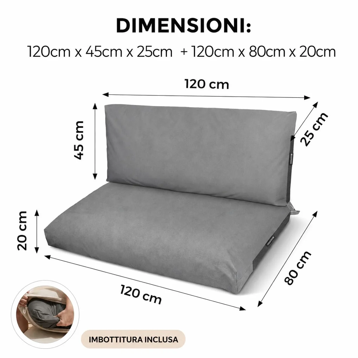 Happers Set Cuscini per Pallet da Esterno 120x80 + 120x45 cm Grigio Chiaro Antimacchia Sfoderabile