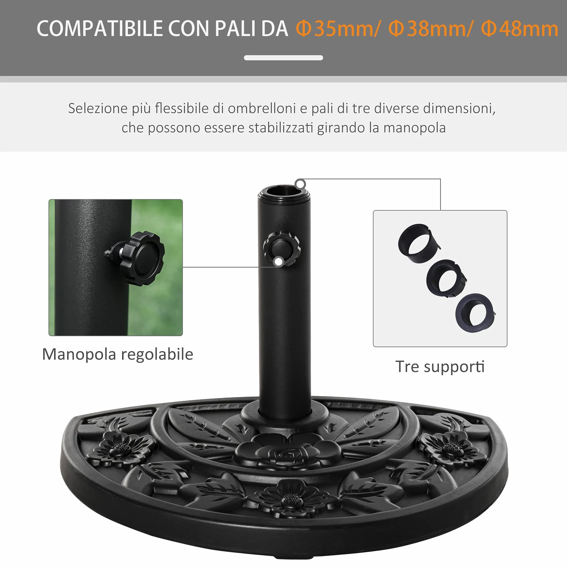 Outsunny Base per Ombrellone Semicircolare con Palo da 35/38/48 mm e Motivi Floreali, Basamento per Ombrellone in Cemento, HDPE e Metallo, Ø50x32x32 cm, Nero
